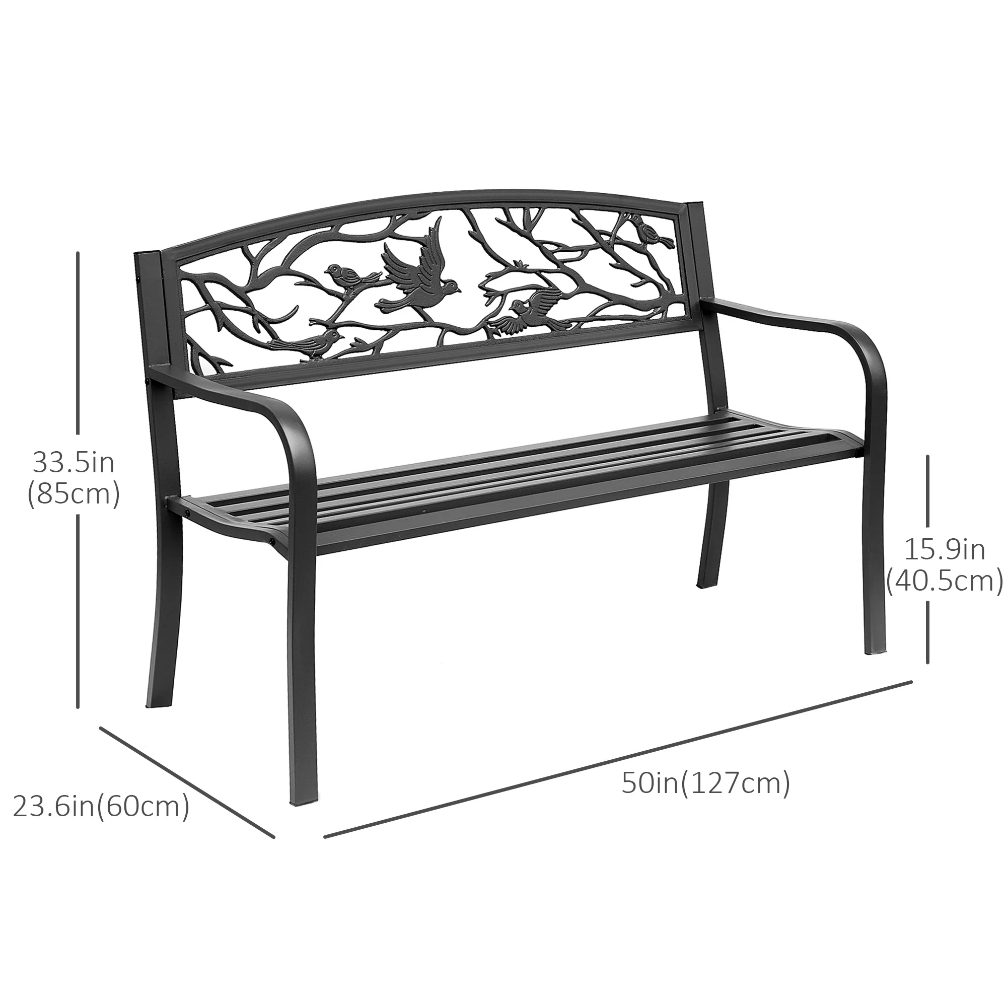 50" Garden Bench, Outdoor Loveseat, Vintage Bird Pattern, Cast Metal, Black - Image 3