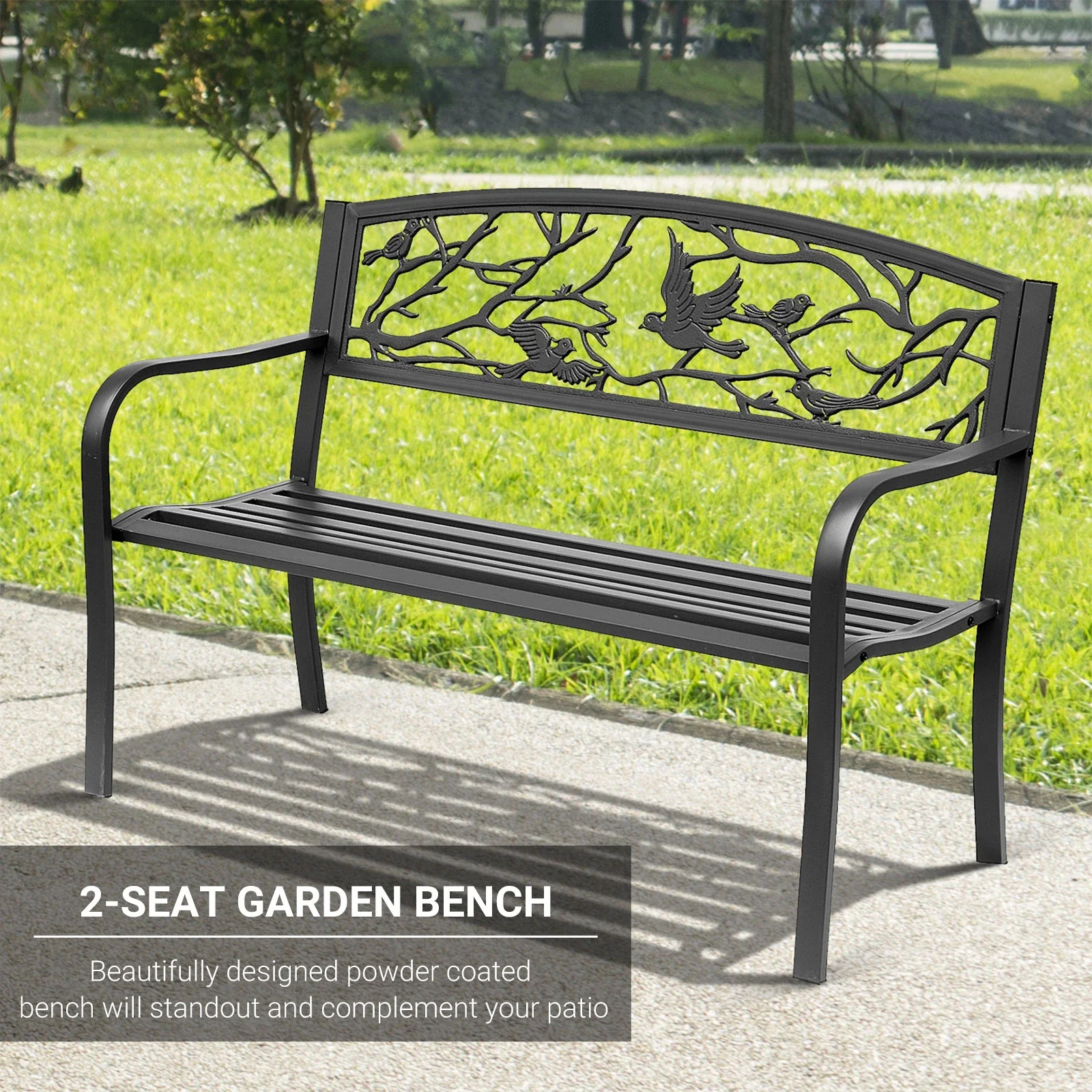 50" Garden Bench, Outdoor Loveseat, Vintage Bird Pattern, Cast Metal, Black - Image 4