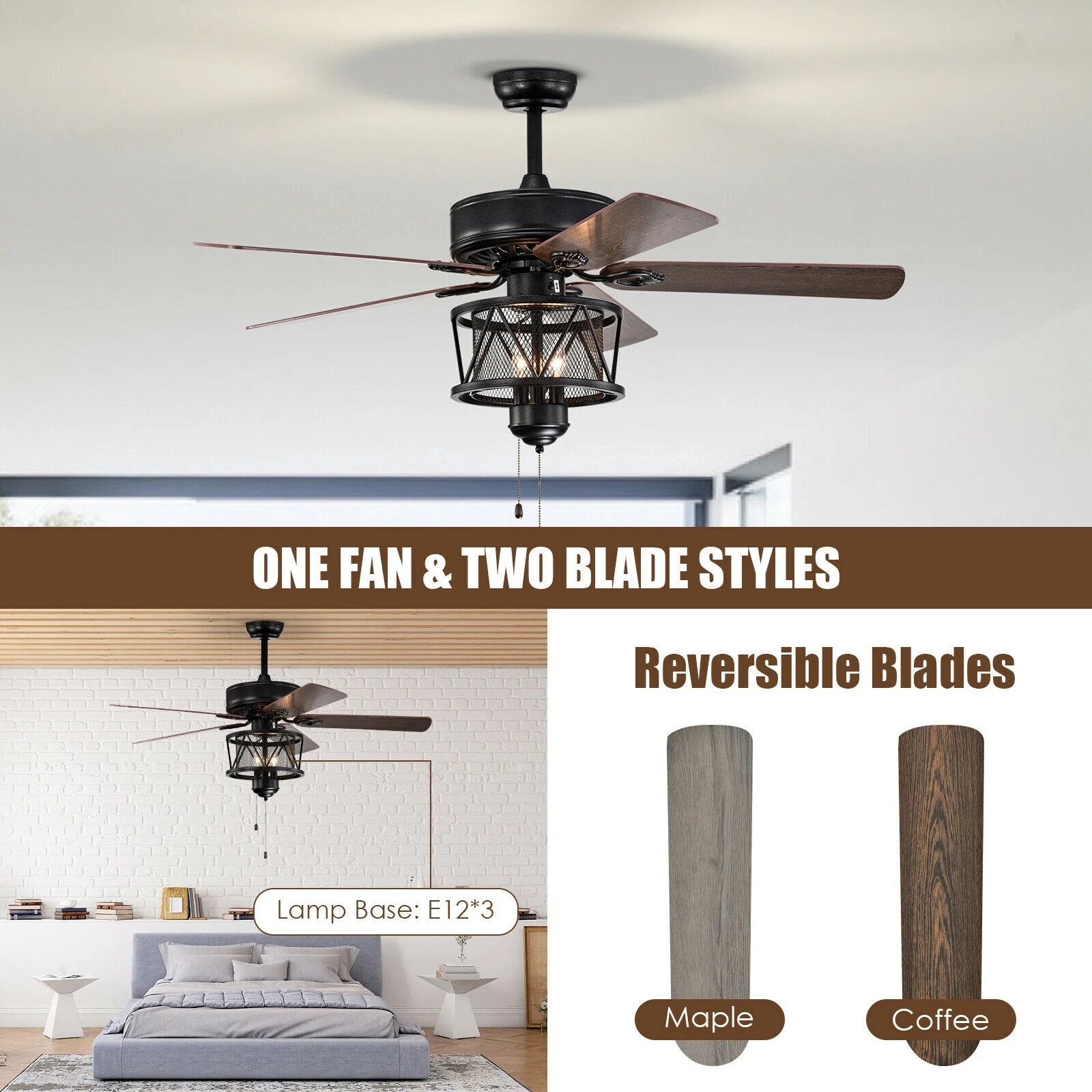 50 Inch Ceiling Fan With Lights, Reversible Blades, Pull Chain, Black - Image 10