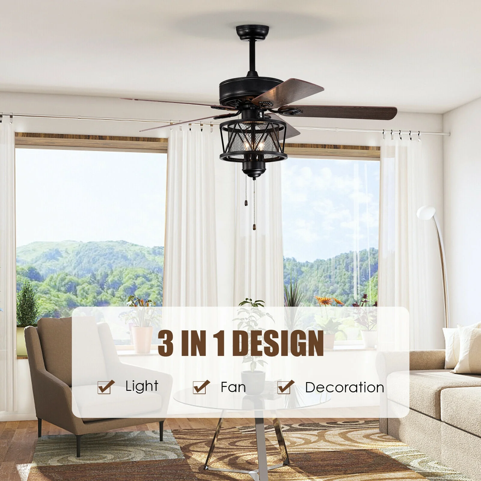 50 Inch Ceiling Fan With Lights, Reversible Blades, Pull Chain, Black - Image 6