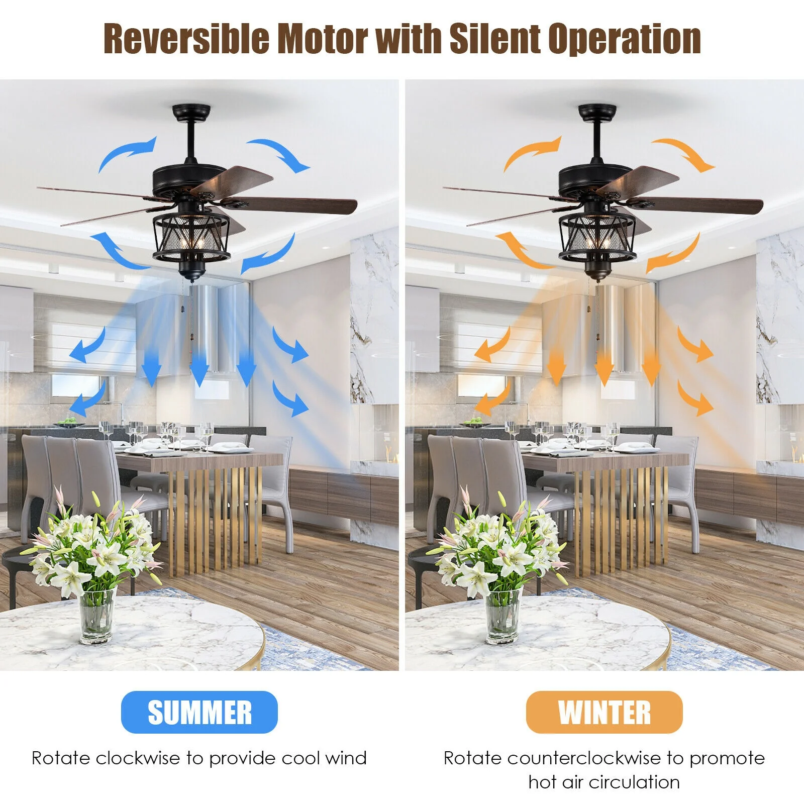 50 Inch Ceiling Fan With Lights, Reversible Blades, Pull Chain, Black - Image 7