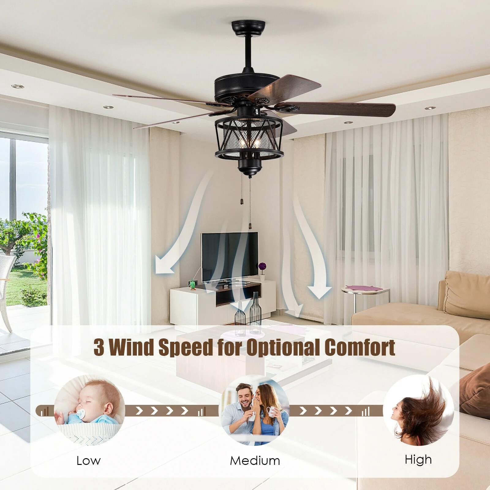 50 Inch Ceiling Fan With Lights, Reversible Blades, Pull Chain, Black - Image 8