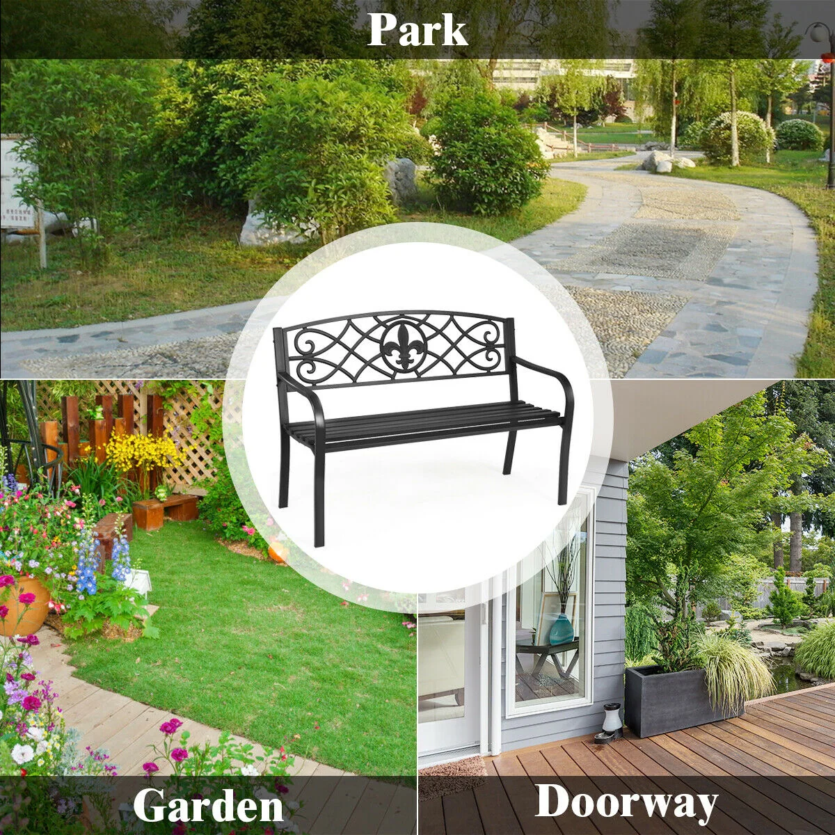 50 Inch Heavy-Duty Metal Garden Bench, Black - Image 10