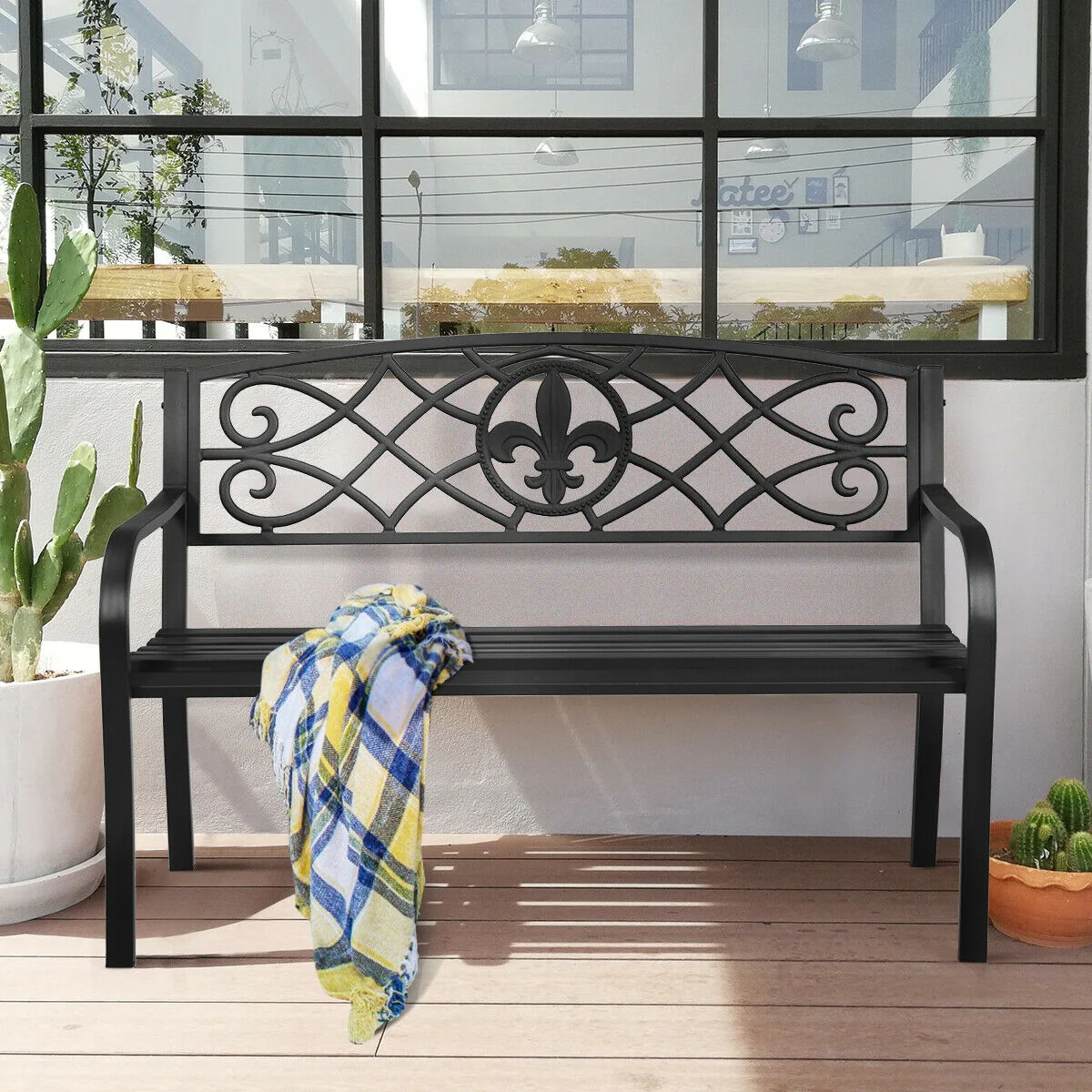 50 Inch Heavy-Duty Metal Garden Bench, Black - Image 2