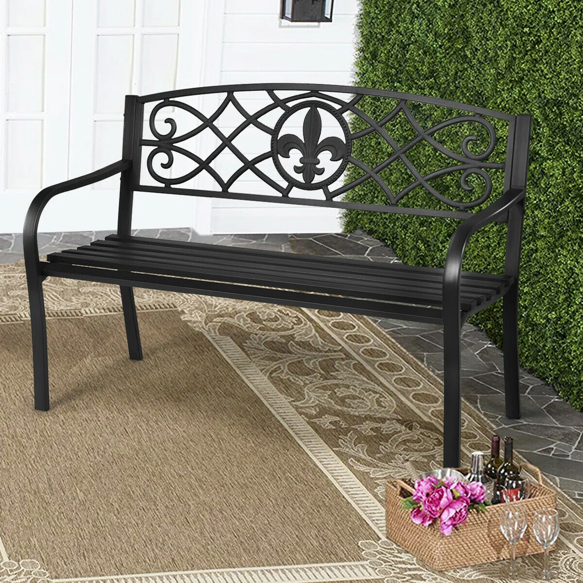 50 Inch Heavy-Duty Metal Garden Bench, Black - Image 3