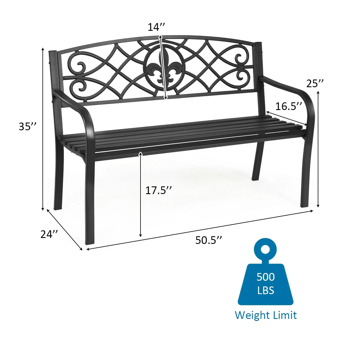 50 Inch Heavy-Duty Metal Garden Bench, Black - Image 6
