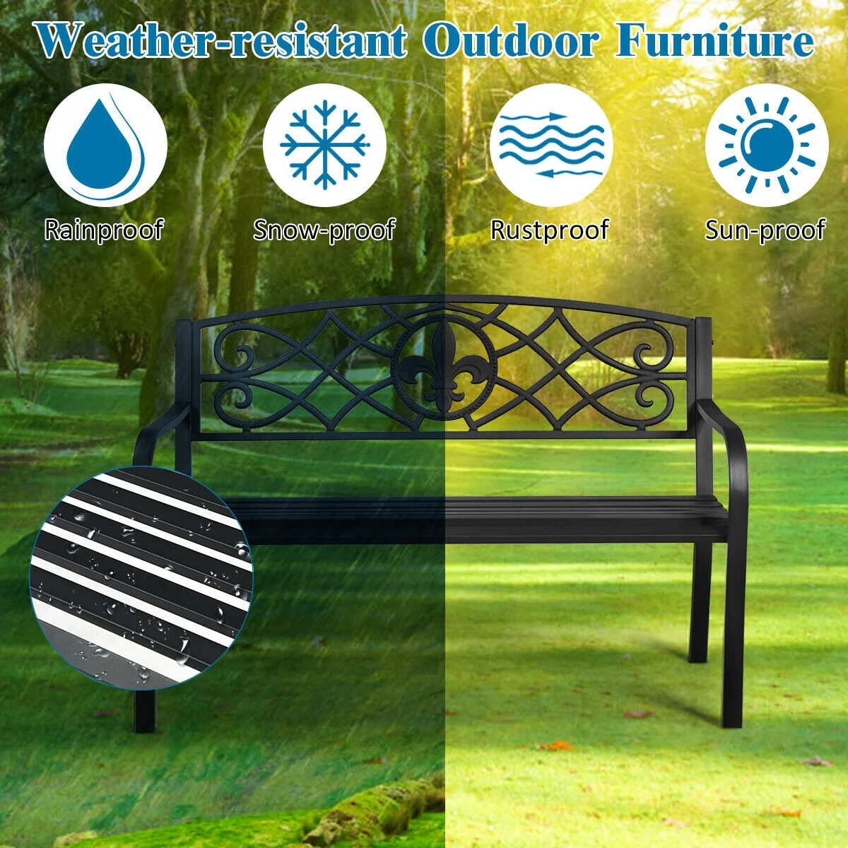 50 Inch Heavy-Duty Metal Garden Bench, Black - Image 9