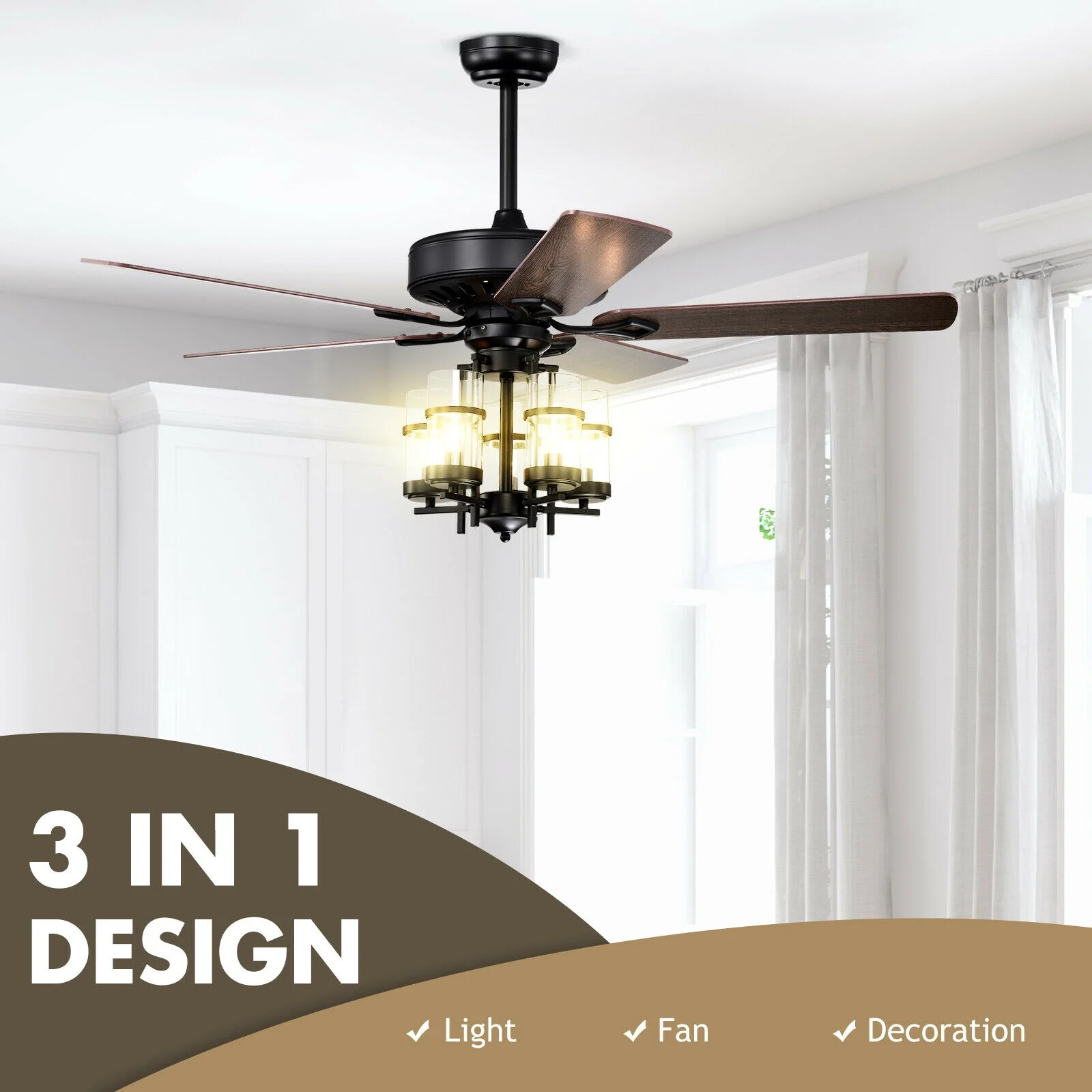 50 Inch Noiseless Ceiling Fan Light, Explosion-Proof Glass Lampshades, Black - Image 7