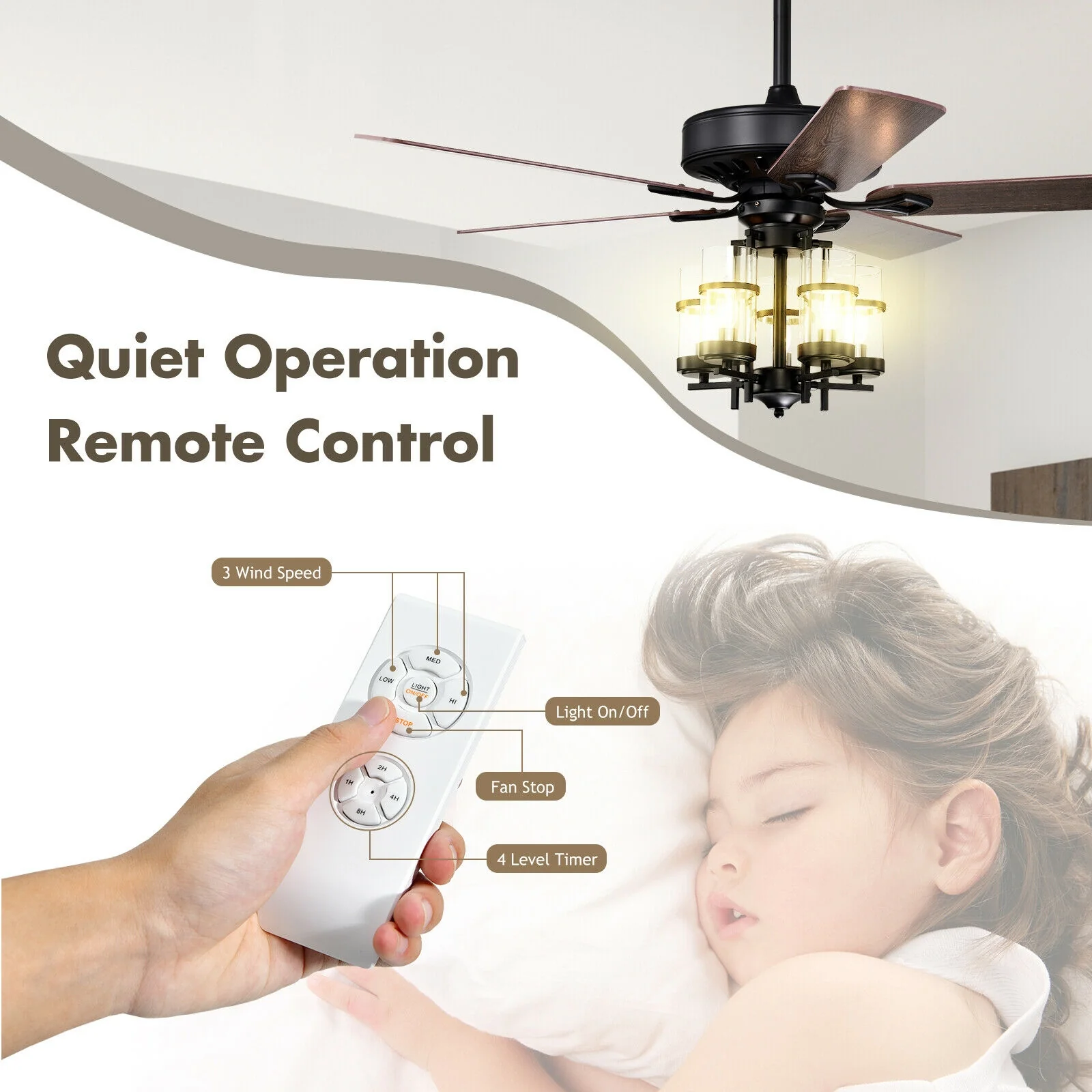 50 Inch Noiseless Ceiling Fan Light, Explosion-Proof Glass Lampshades, Black - Image 8