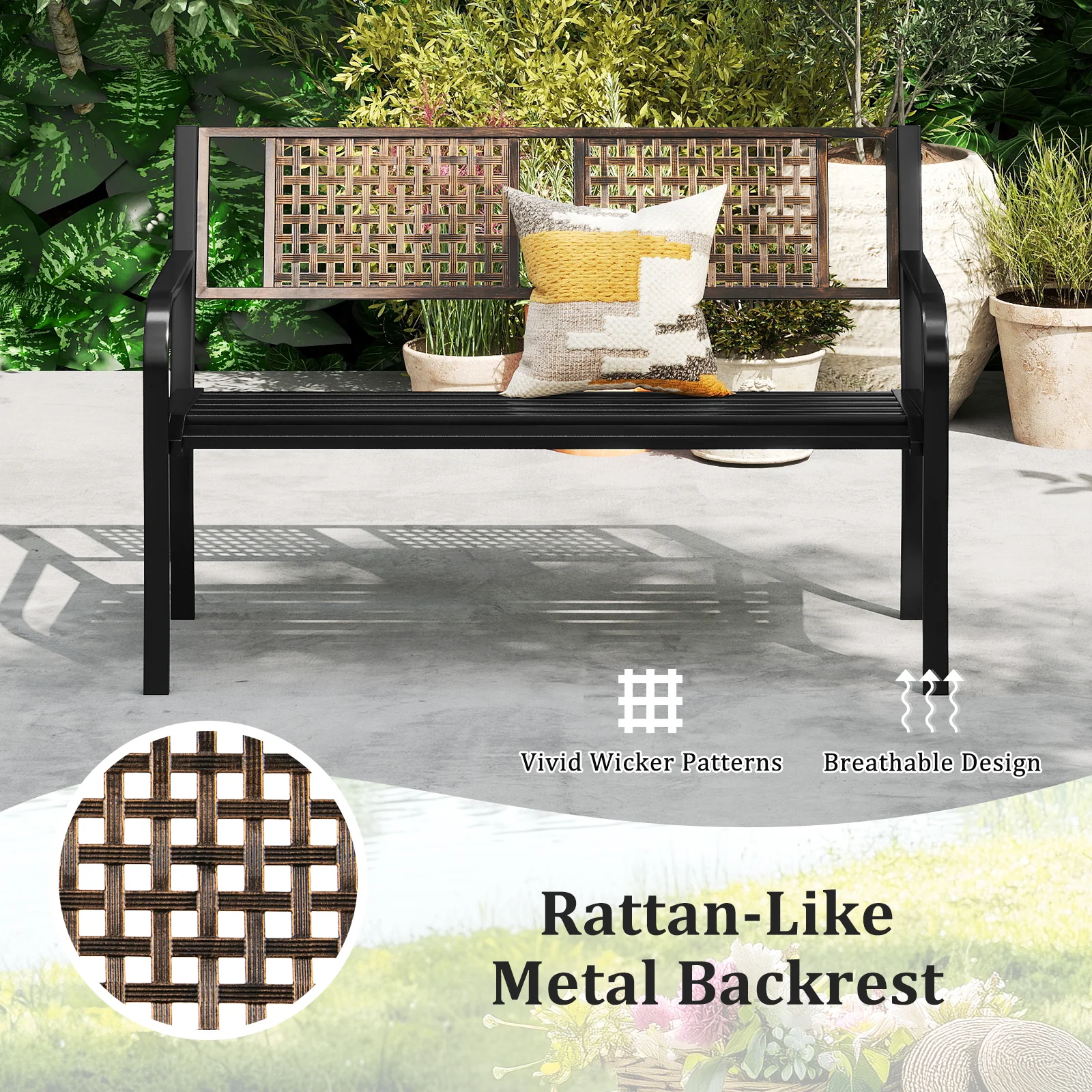 50 Inch Outdoor Metal Garden Bench with Rattan-Like Backrest for 2-3 People, Black - Image 10
