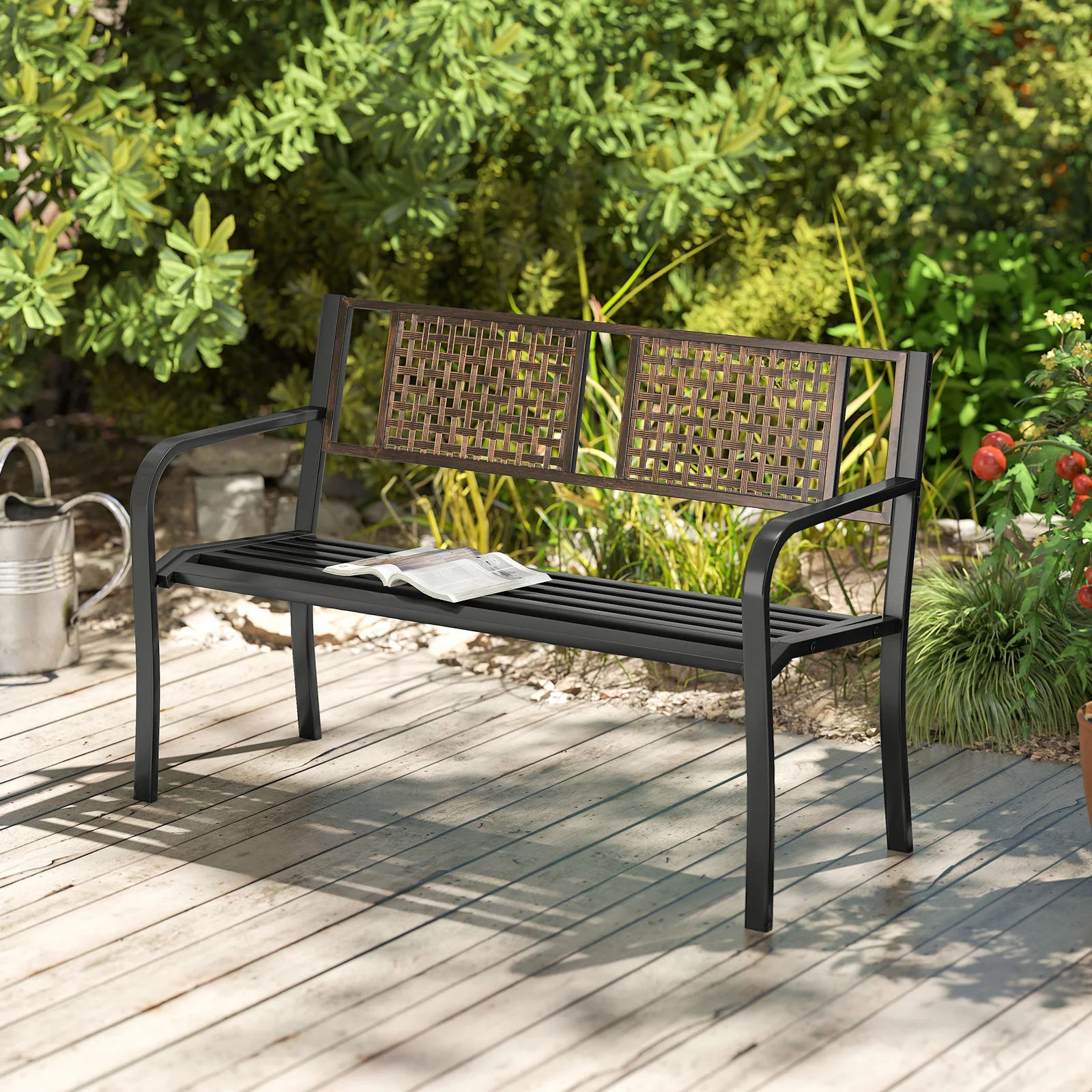 50 Inch Outdoor Metal Garden Bench with Rattan-Like Backrest for 2-3 People, Black - Image 2