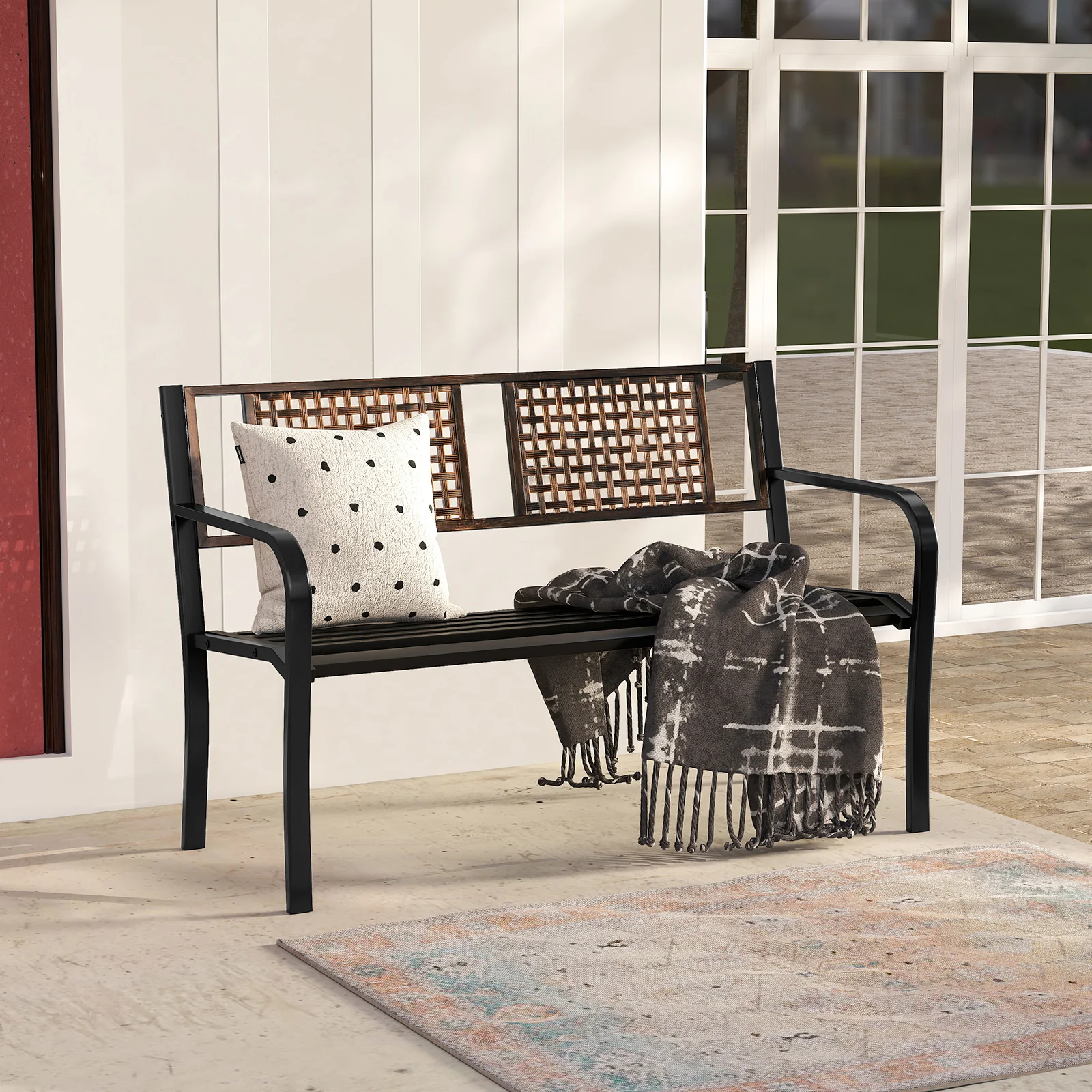 50 Inch Outdoor Metal Garden Bench with Rattan-Like Backrest for 2-3 People, Black - Image 3