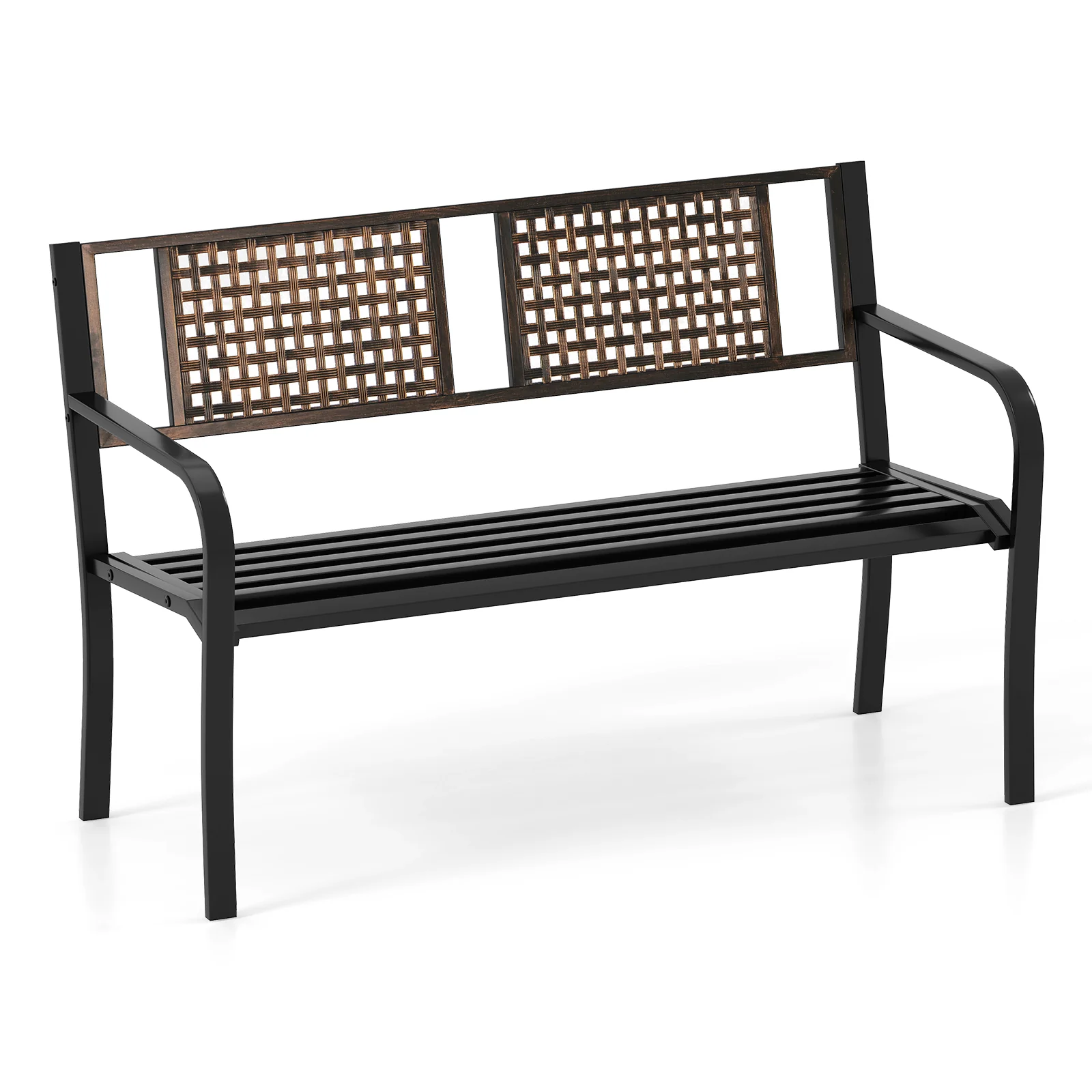 50 Inch Outdoor Metal Garden Bench with Rattan-Like Backrest for 2-3 People, Black - Image 4