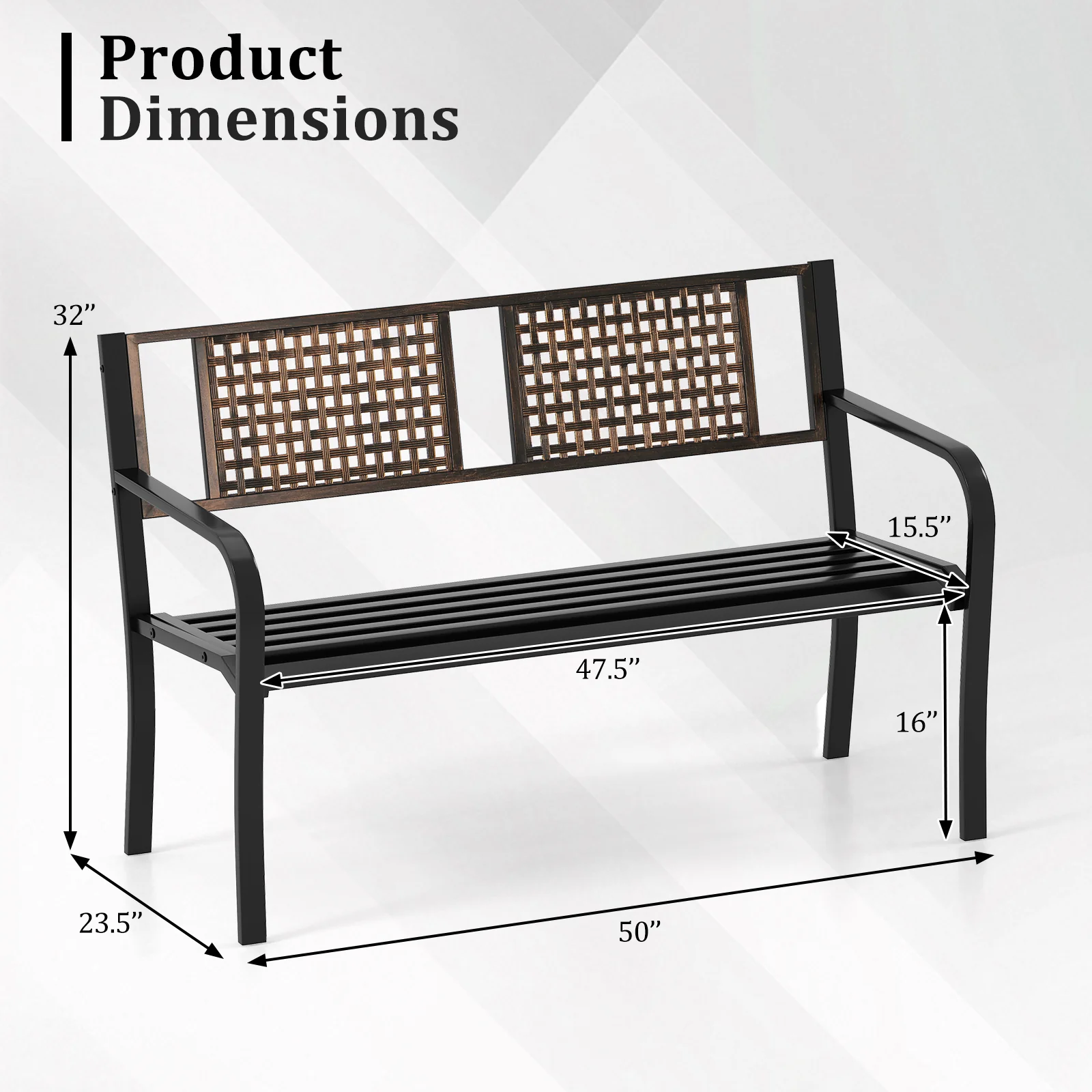 50 Inch Outdoor Metal Garden Bench with Rattan-Like Backrest for 2-3 People, Black - Image 5