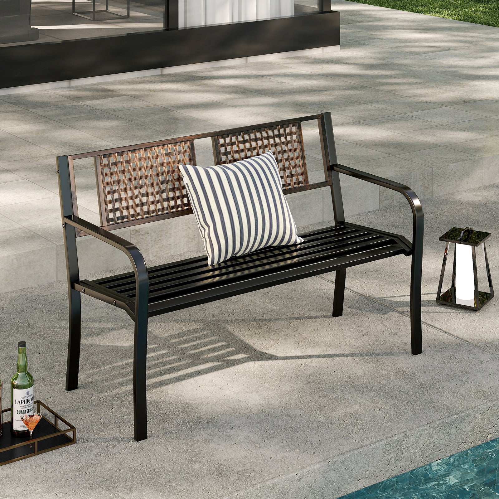 50 Inch Outdoor Metal Garden Bench with Rattan-Like Backrest for 2-3 People, Black - Image 6