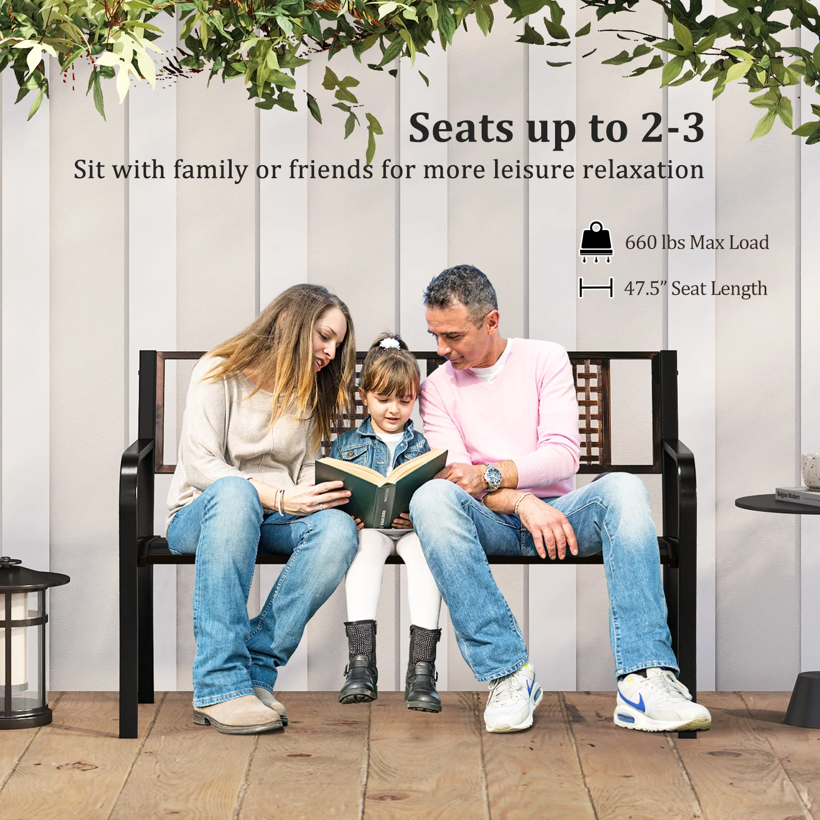 50 Inch Outdoor Metal Garden Bench with Rattan-Like Backrest for 2-3 People, Black - Image 7