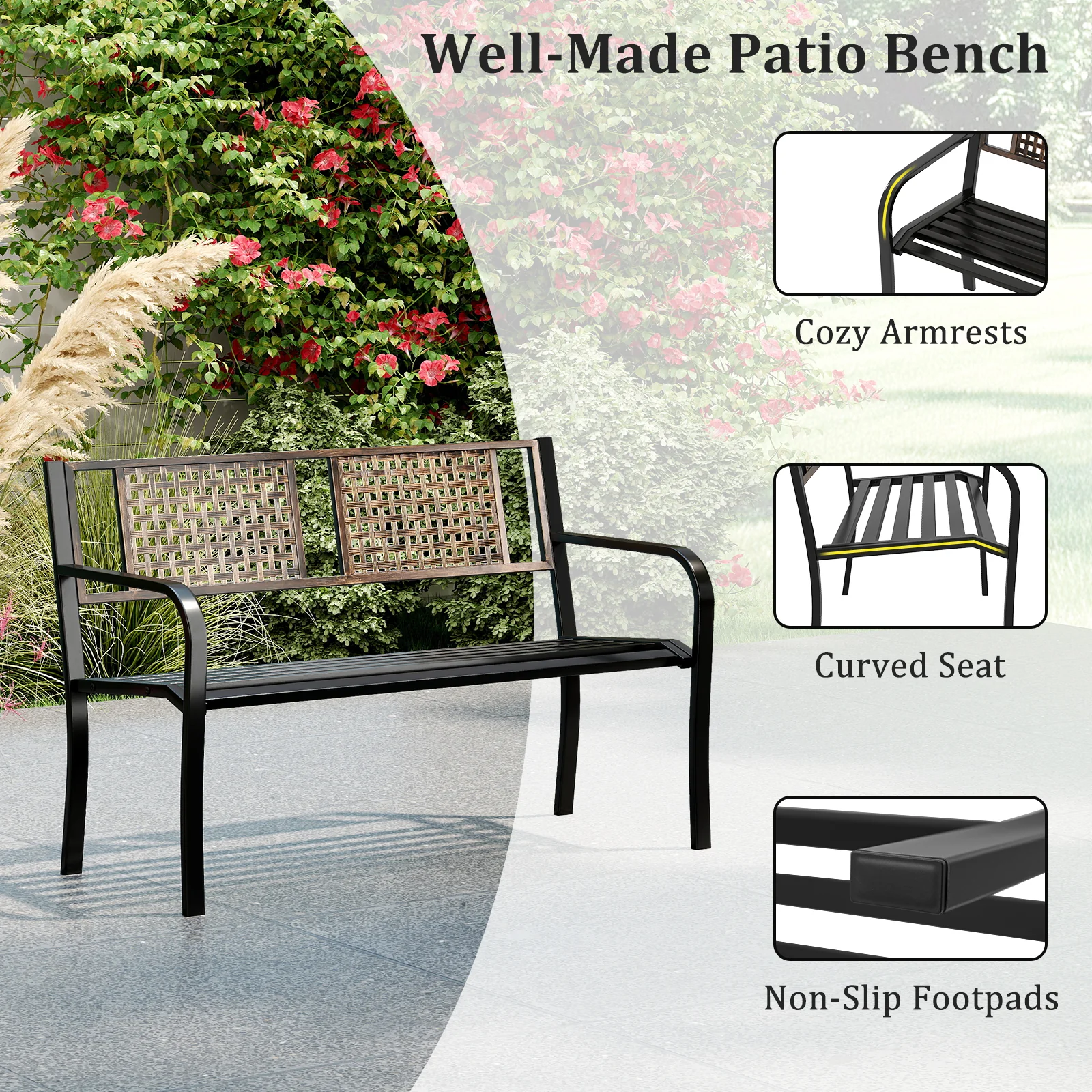 50 Inch Outdoor Metal Garden Bench with Rattan-Like Backrest for 2-3 People, Black - Image 8