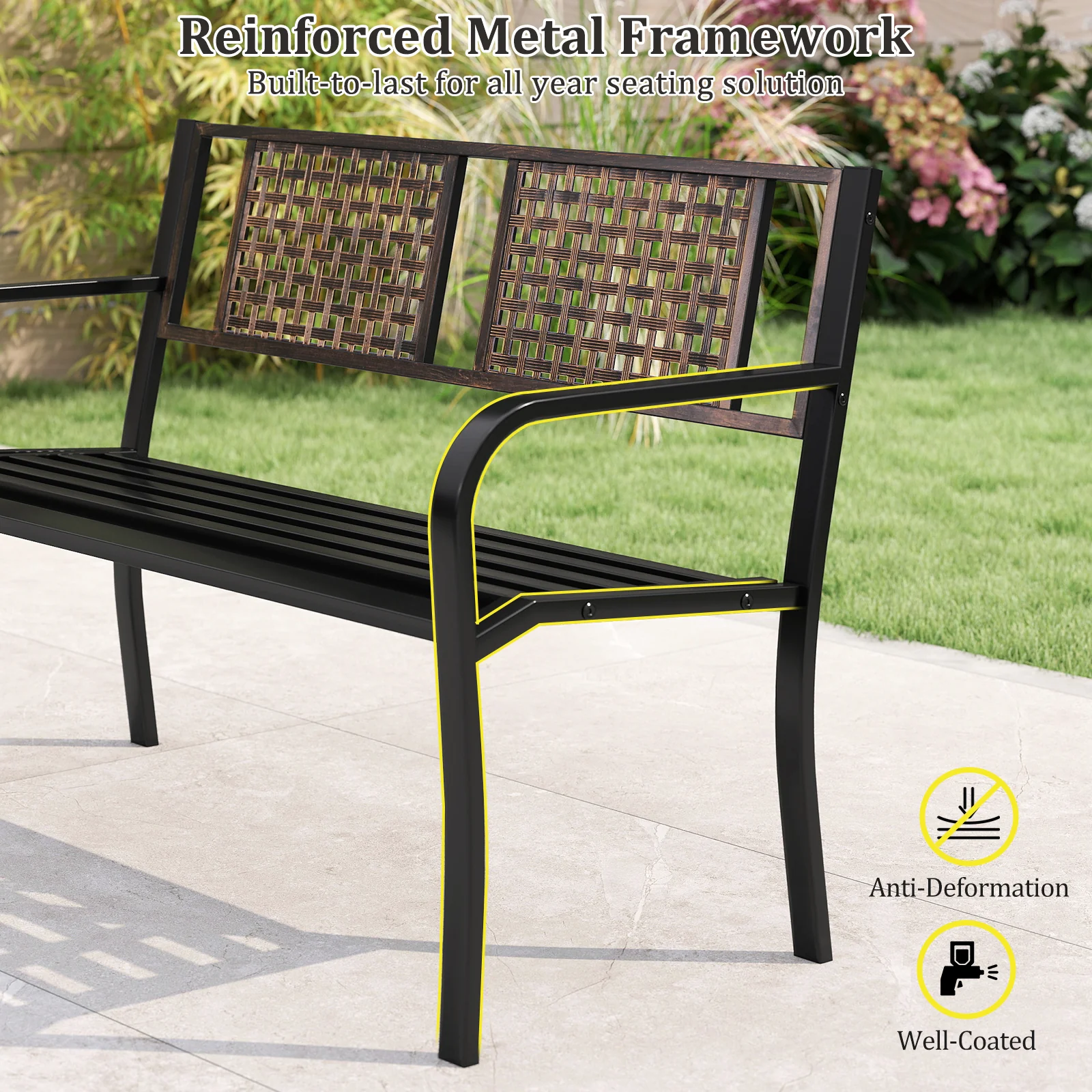 50 Inch Outdoor Metal Garden Bench with Rattan-Like Backrest for 2-3 People, Black - Image 9