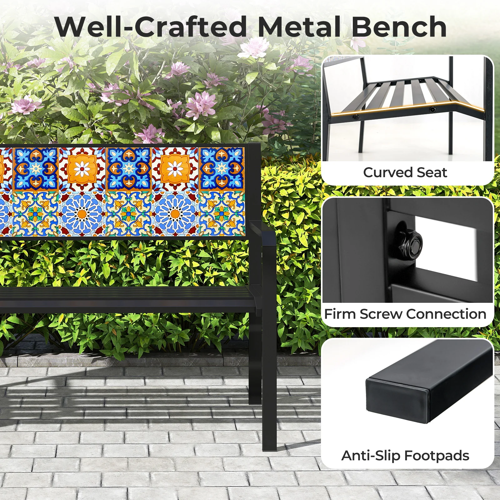 50 Inch Patio Metal Bench Slatted Loveseat for 2-3 People with Mosaic Backrest, Black - Image 10