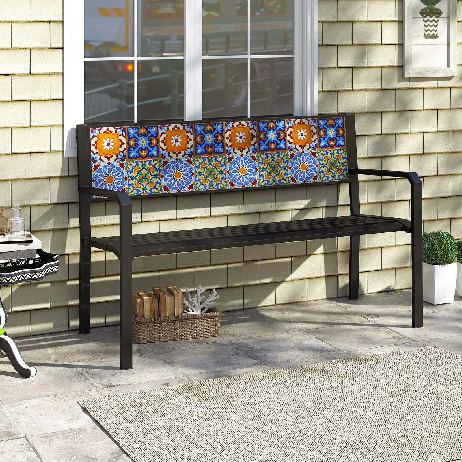 50 Inch Patio Metal Bench Slatted Loveseat for 2-3 People with Mosaic Backrest, Black - Image 2