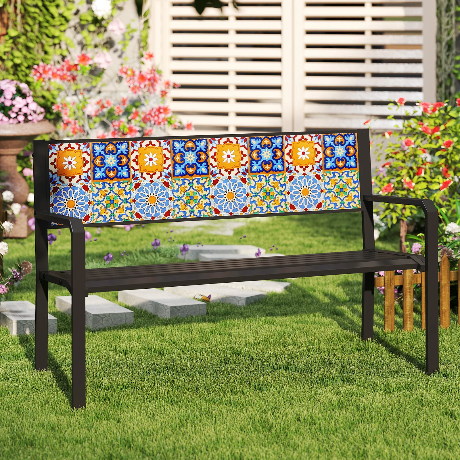50 Inch Patio Metal Bench Slatted Loveseat for 2-3 People with Mosaic Backrest, Black - Image 3