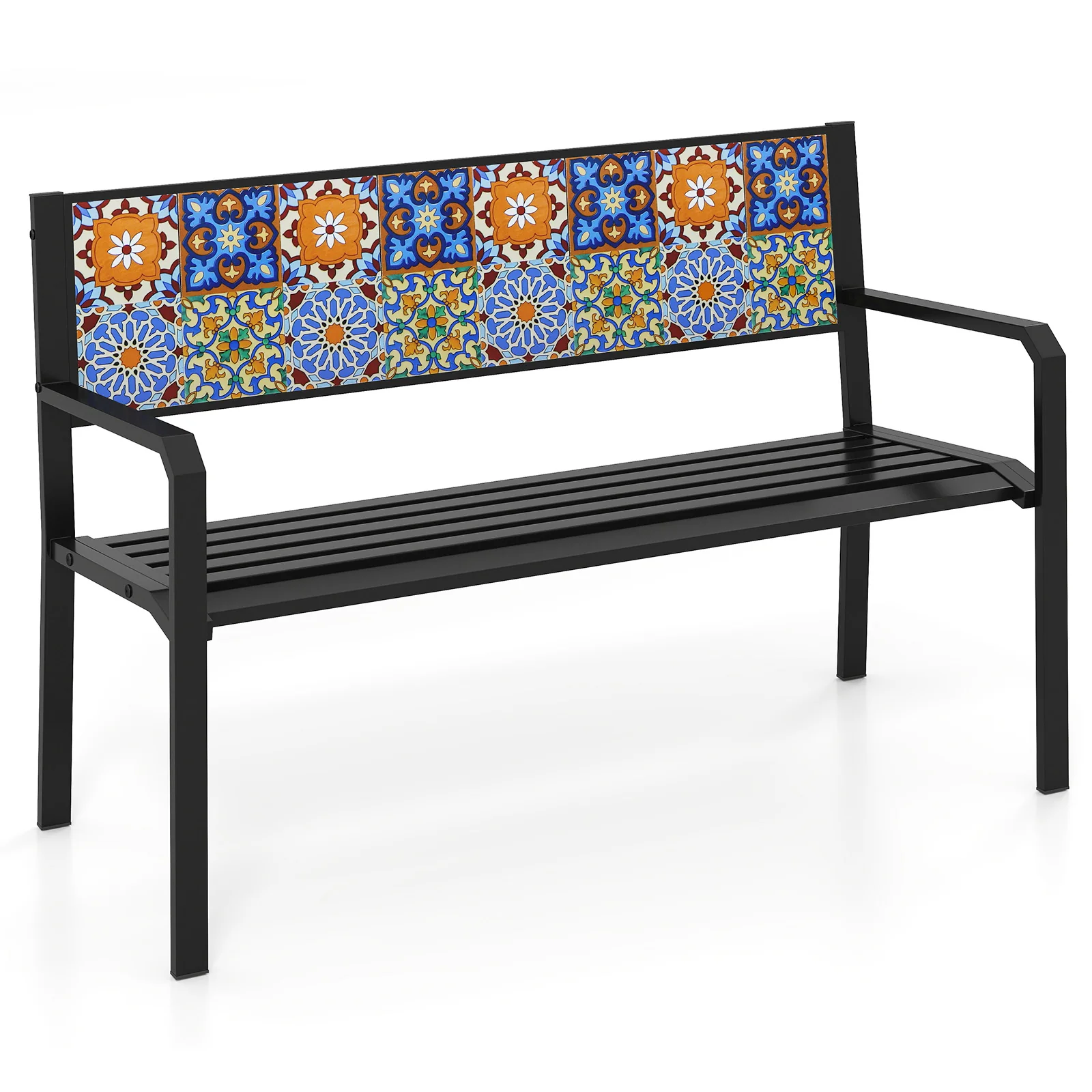 50 Inch Patio Metal Bench Slatted Loveseat for 2-3 People with Mosaic Backrest, Black - Image 4