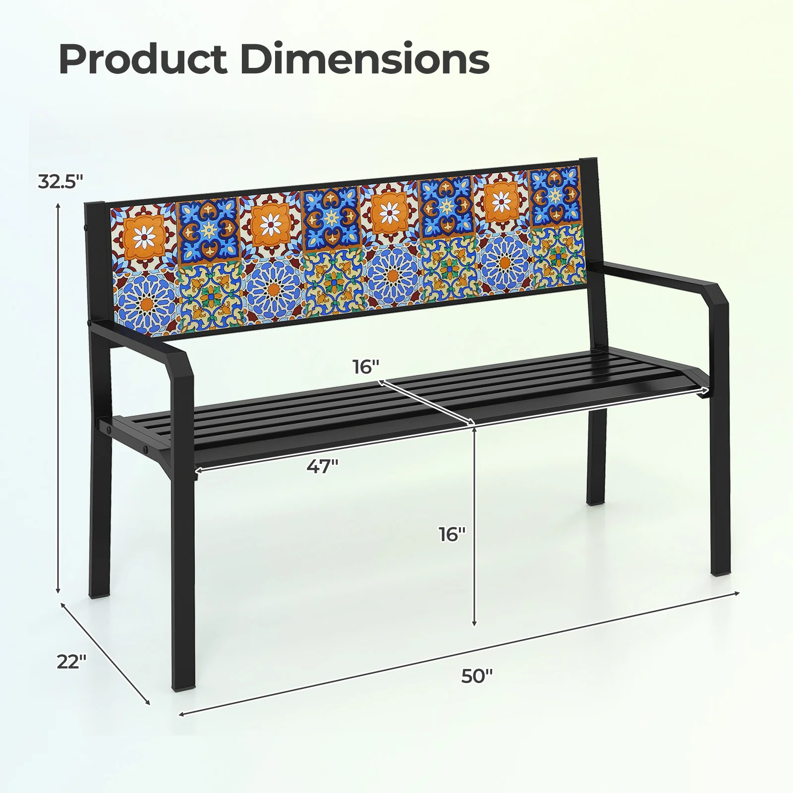 50 Inch Patio Metal Bench Slatted Loveseat for 2-3 People with Mosaic Backrest, Black - Image 5