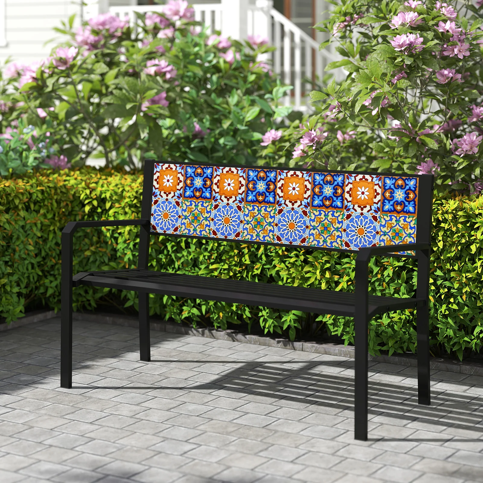 50 Inch Patio Metal Bench Slatted Loveseat for 2-3 People with Mosaic Backrest, Black - Image 6