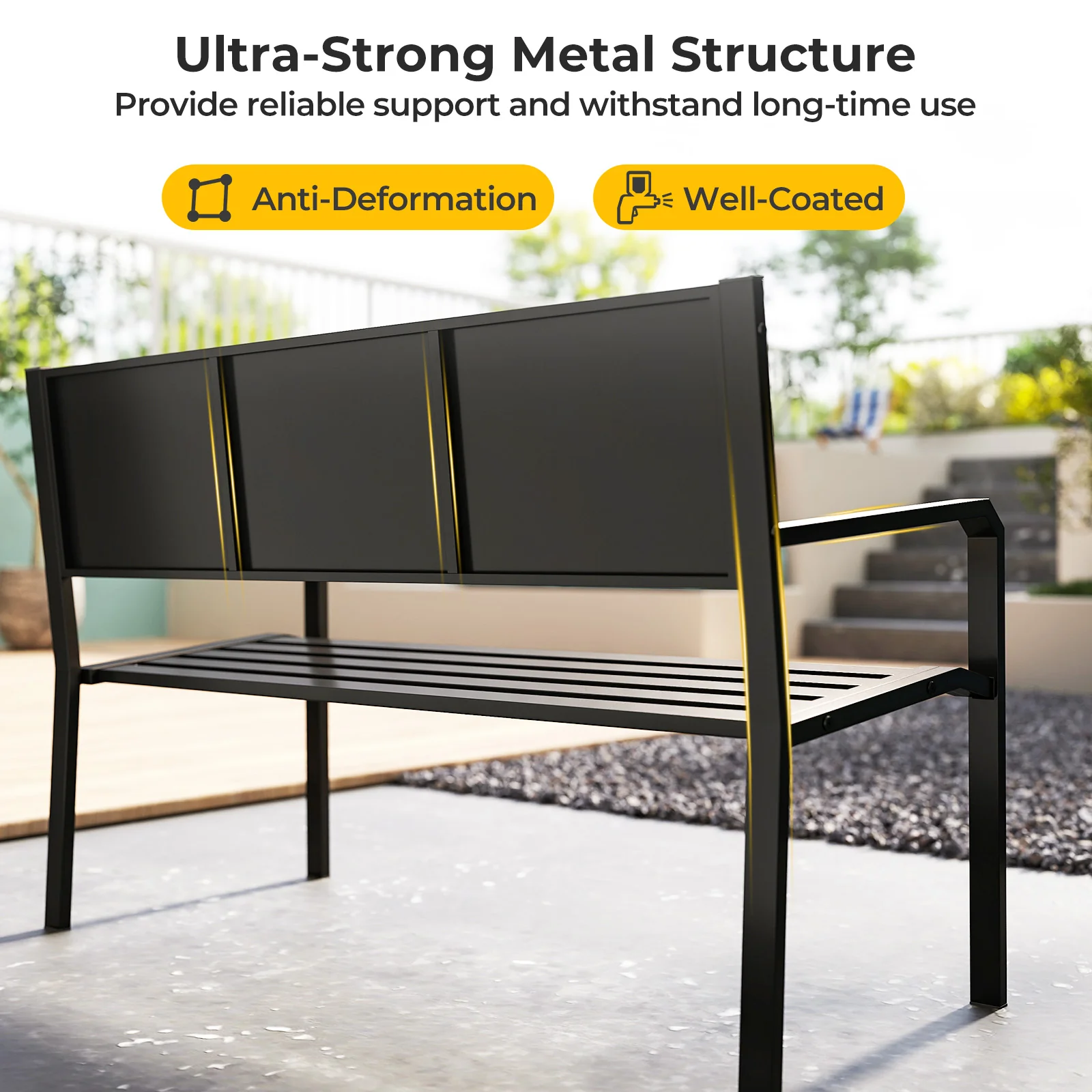 50 Inch Patio Metal Bench Slatted Loveseat for 2-3 People with Mosaic Backrest, Black - Image 7