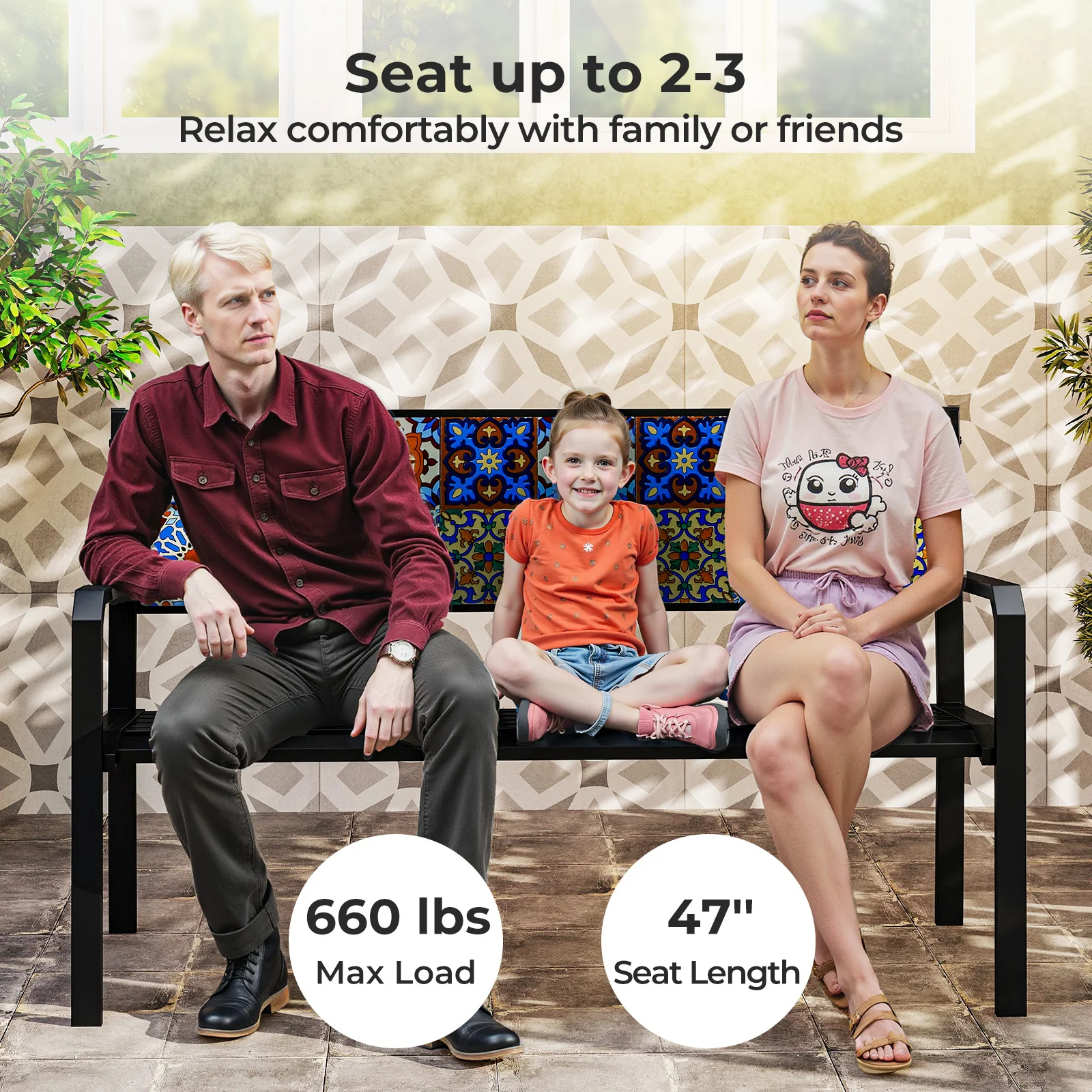 50 Inch Patio Metal Bench Slatted Loveseat for 2-3 People with Mosaic Backrest, Black - Image 8
