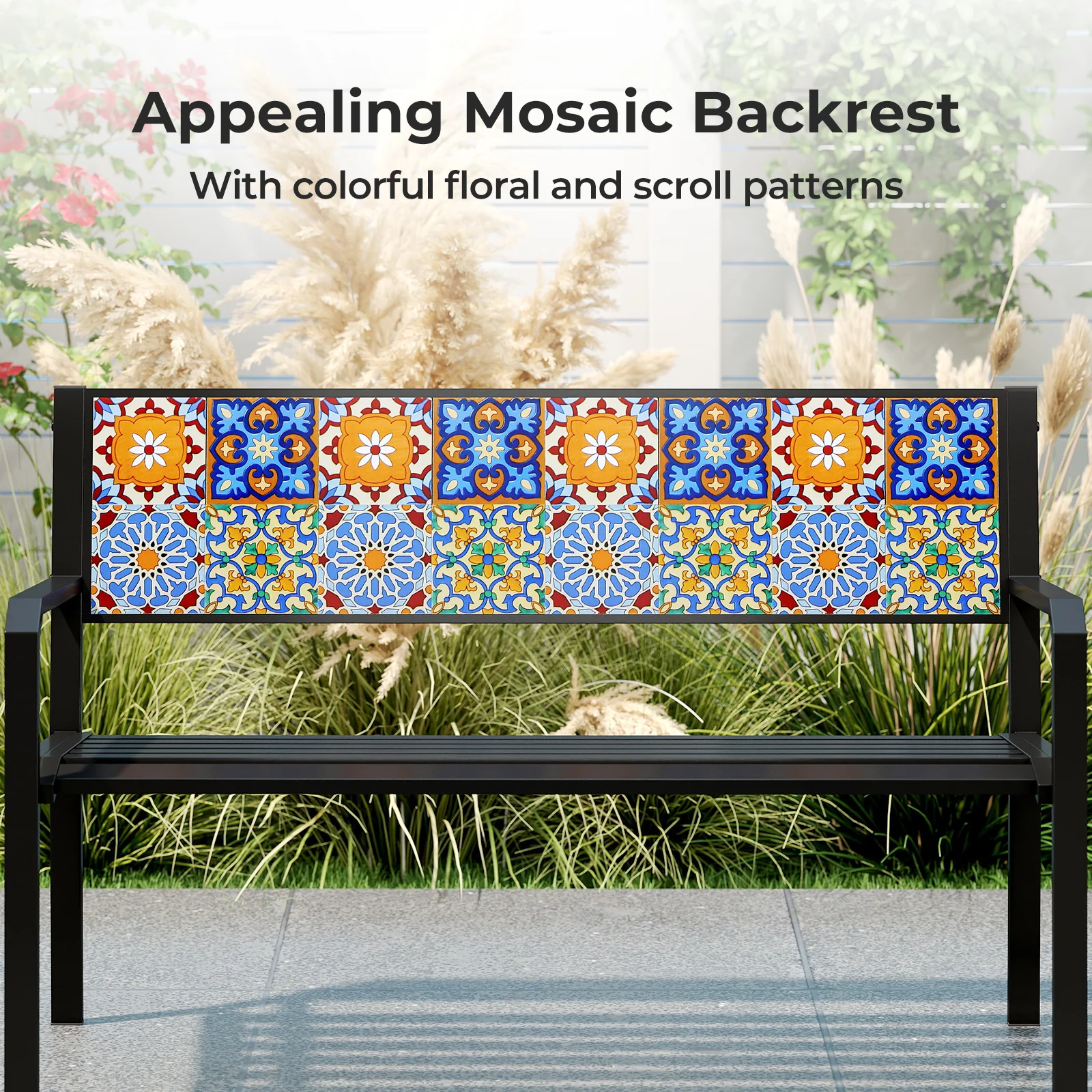 50 Inch Patio Metal Bench Slatted Loveseat for 2-3 People with Mosaic Backrest, Black - Image 9