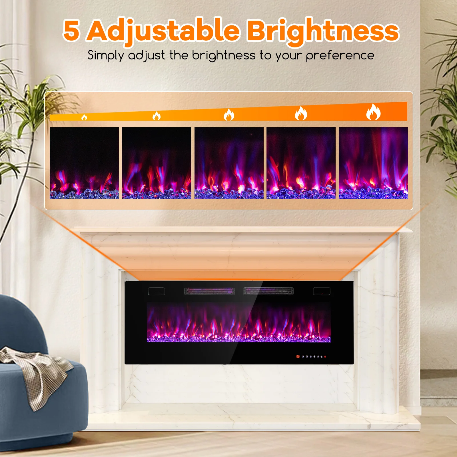 50 Inch Ultra-Thin Electric Fireplace, Decorative Crystals, Black - Image 5