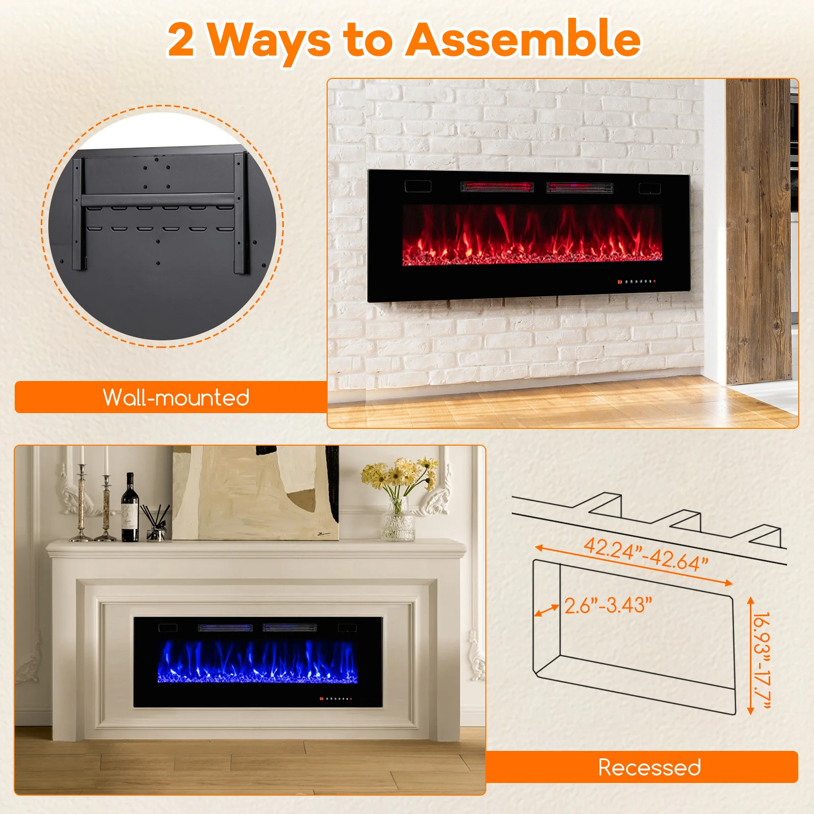 50 Inch Ultra-Thin Electric Fireplace, Decorative Crystals, Black - Image 7