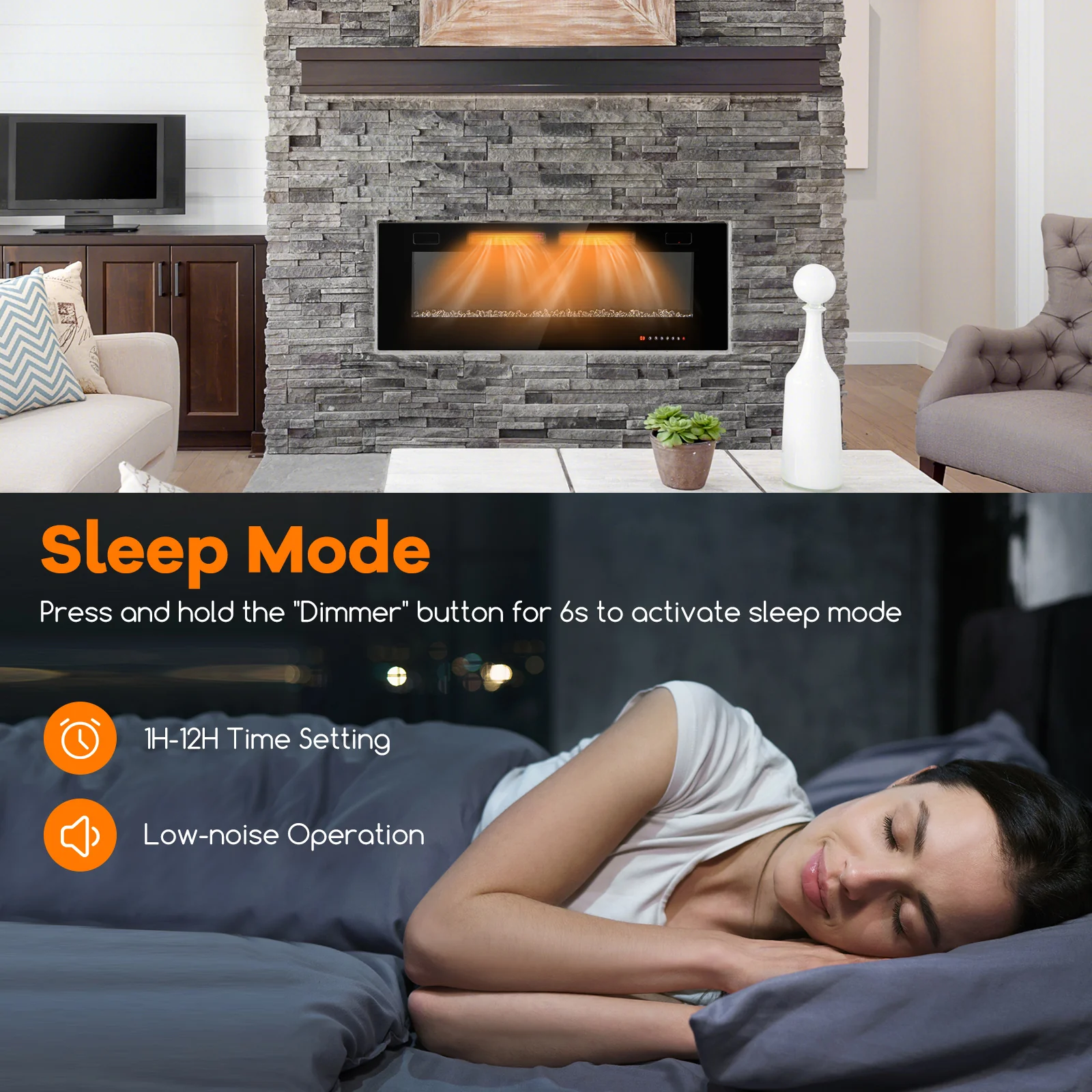 50 Inch Ultra-Thin Electric Fireplace, Decorative Crystals, Black - Image 8