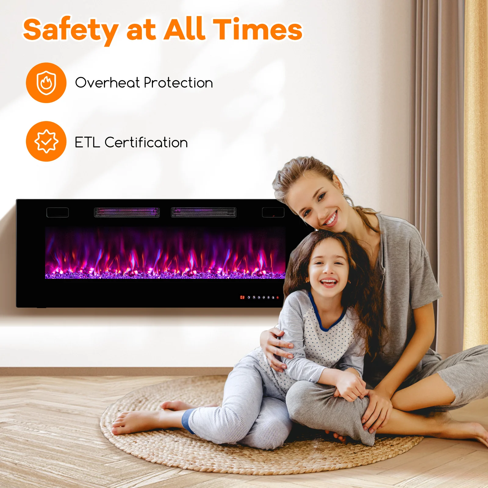50 Inch Ultra-Thin Electric Fireplace, Decorative Crystals, Black - Image 9
