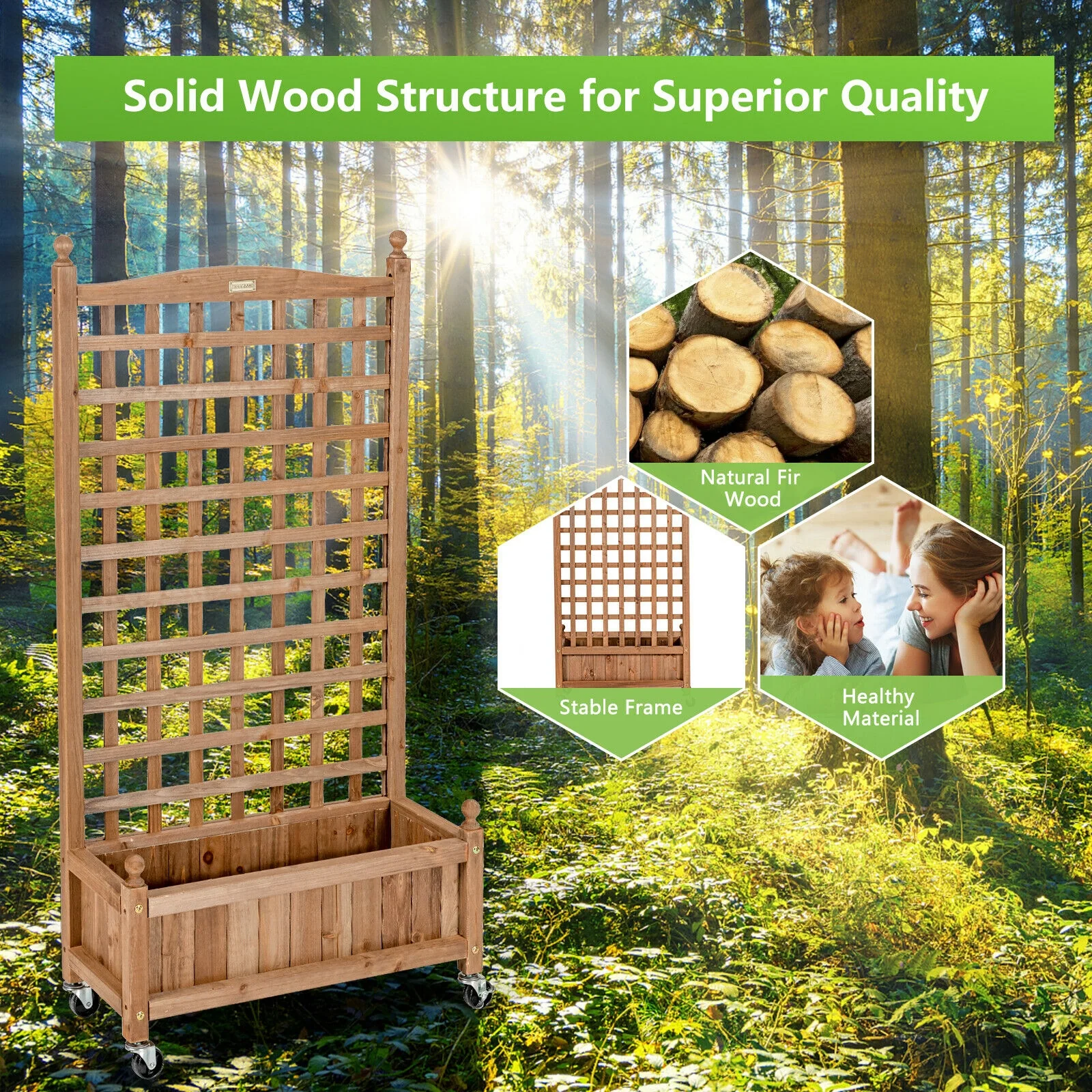 50 Inch Wood Planter Box With Trellis, Mobile Raised Bed, Brown - Image 3