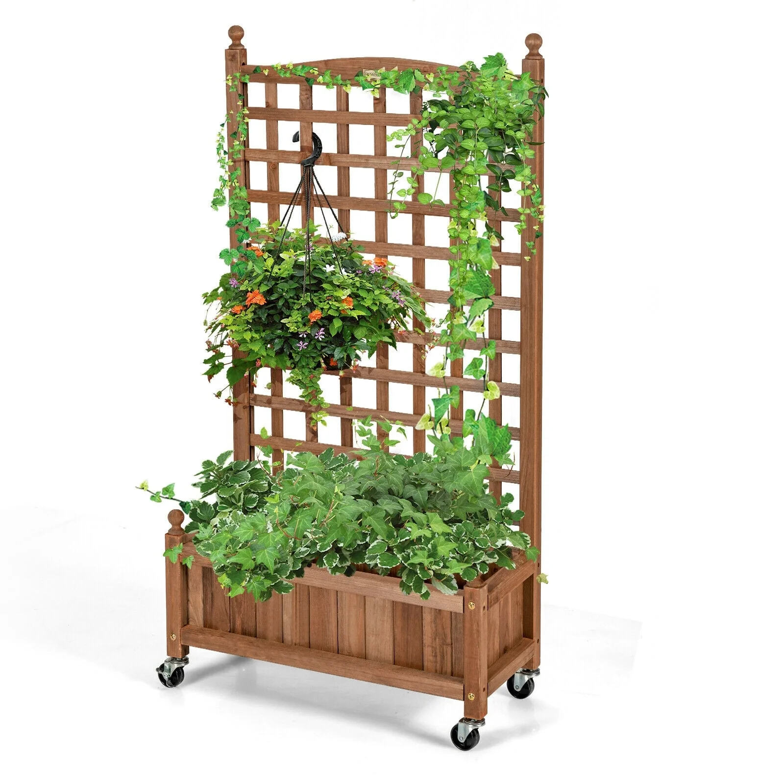 50 Inch Wood Planter Box With Trellis, Mobile Raised Bed, Brown - Image 4