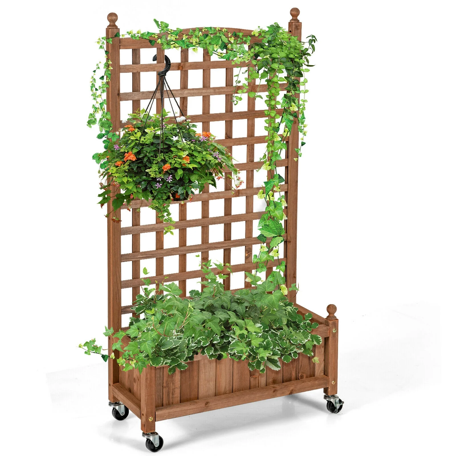 50 Inch Wood Planter Box With Trellis, Mobile Raised Bed, Brown - Image 9