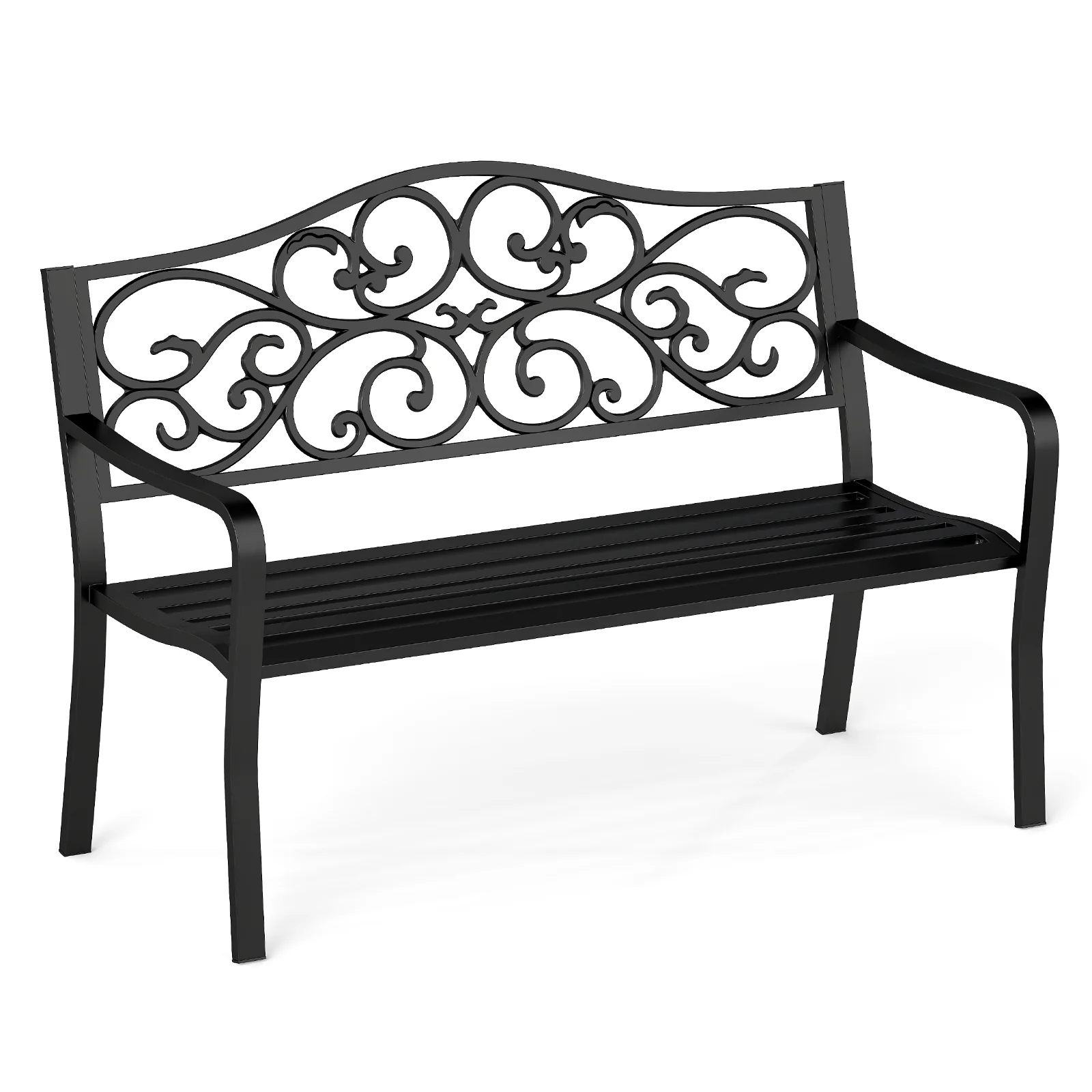 50 Inches Outdoor Cast Iron Metal Patio Bench, Floral Design Backrest, Black