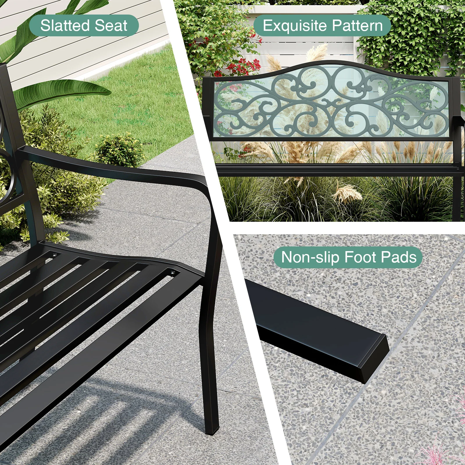 50 Inches Outdoor Cast Iron Metal Patio Bench, Floral Design Backrest, Black - Image 10