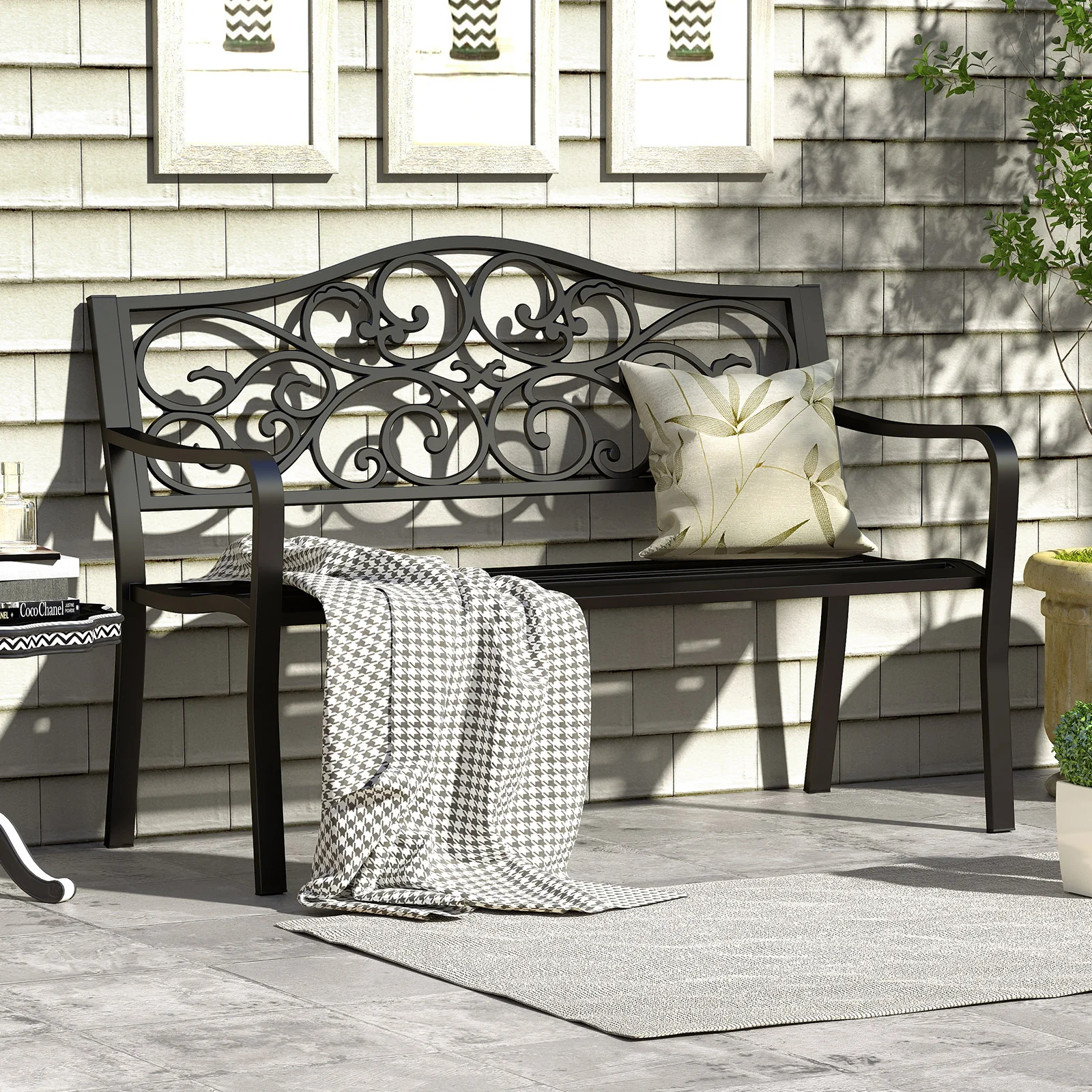 50 Inches Outdoor Cast Iron Metal Patio Bench, Floral Design Backrest, Black - Image 3