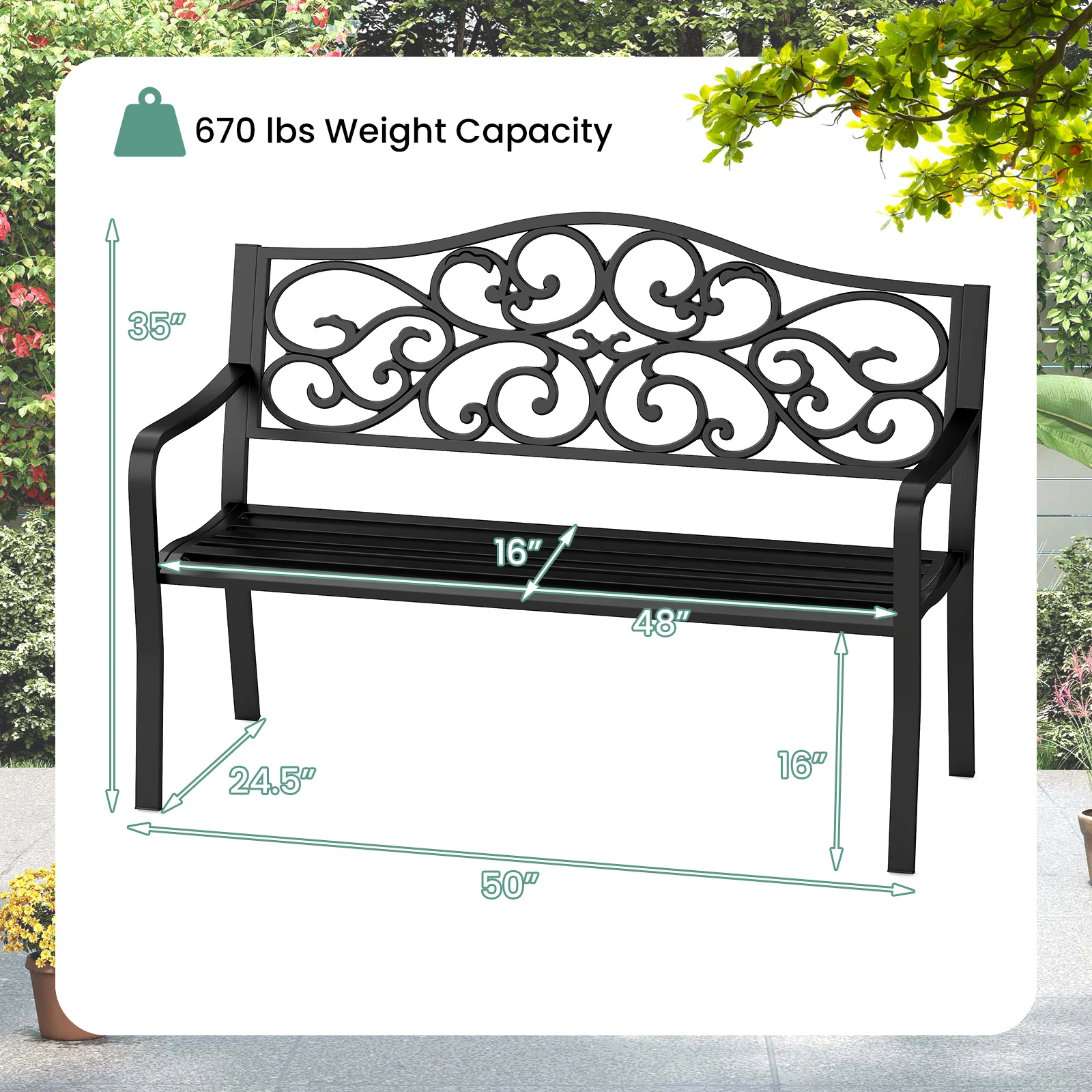 50 Inches Outdoor Cast Iron Metal Patio Bench, Floral Design Backrest, Black - Image 5