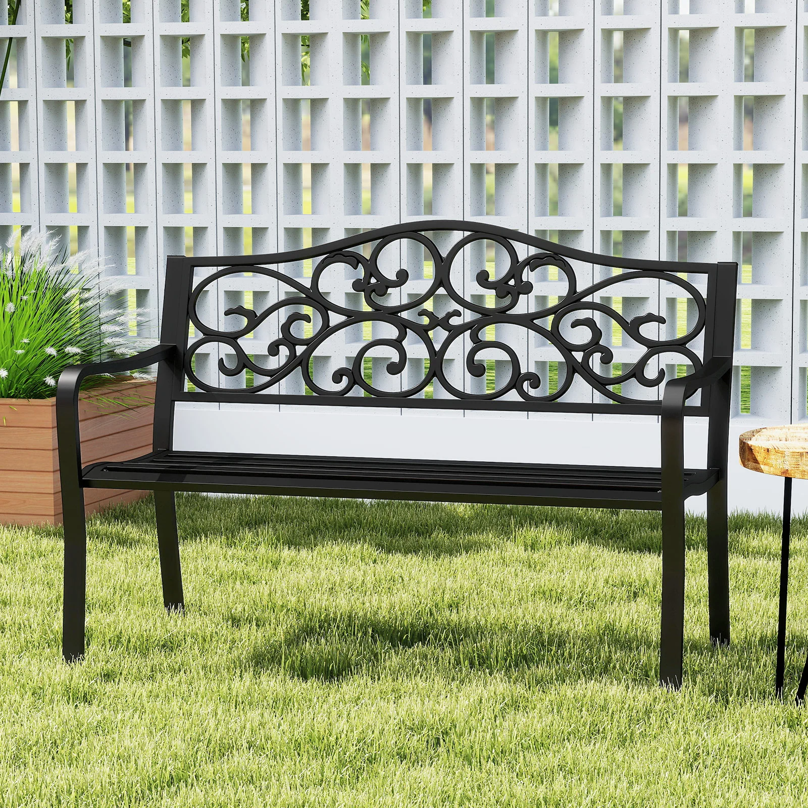 50 Inches Outdoor Cast Iron Metal Patio Bench, Floral Design Backrest, Black - Image 6