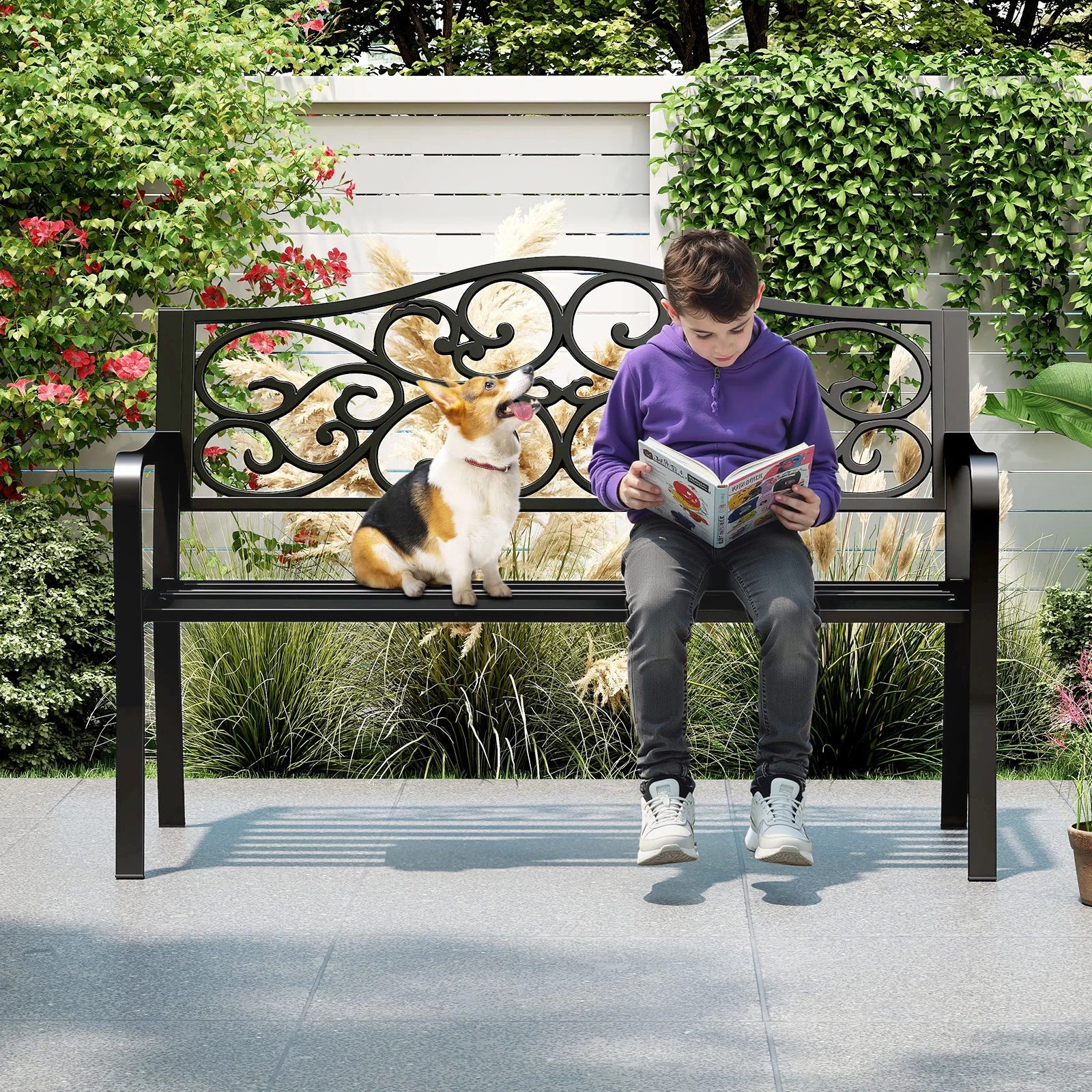 50 Inches Outdoor Cast Iron Metal Patio Bench, Floral Design Backrest, Black - Image 7