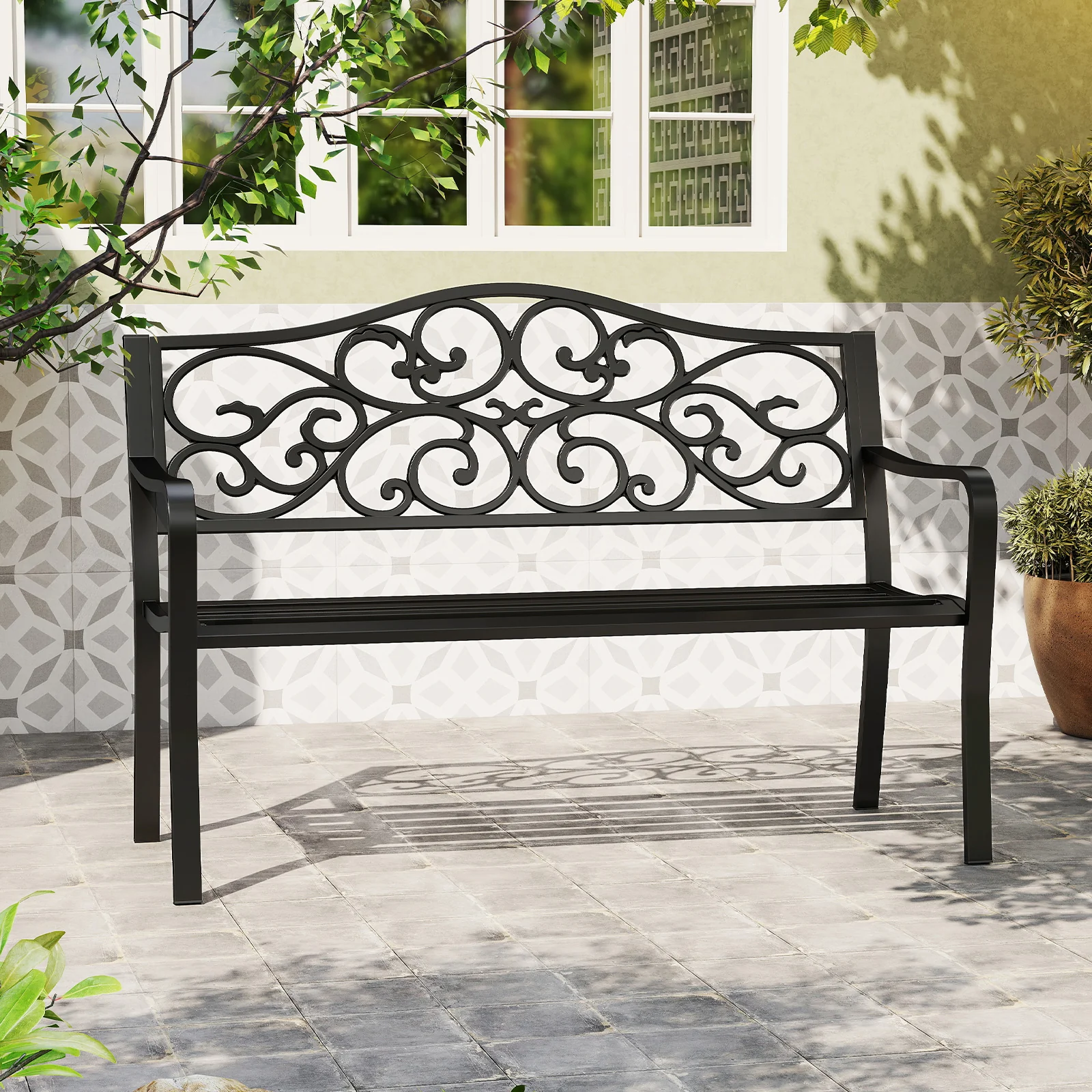 50 Inches Outdoor Cast Iron Metal Patio Bench, Floral Design Backrest, Black - Image 8
