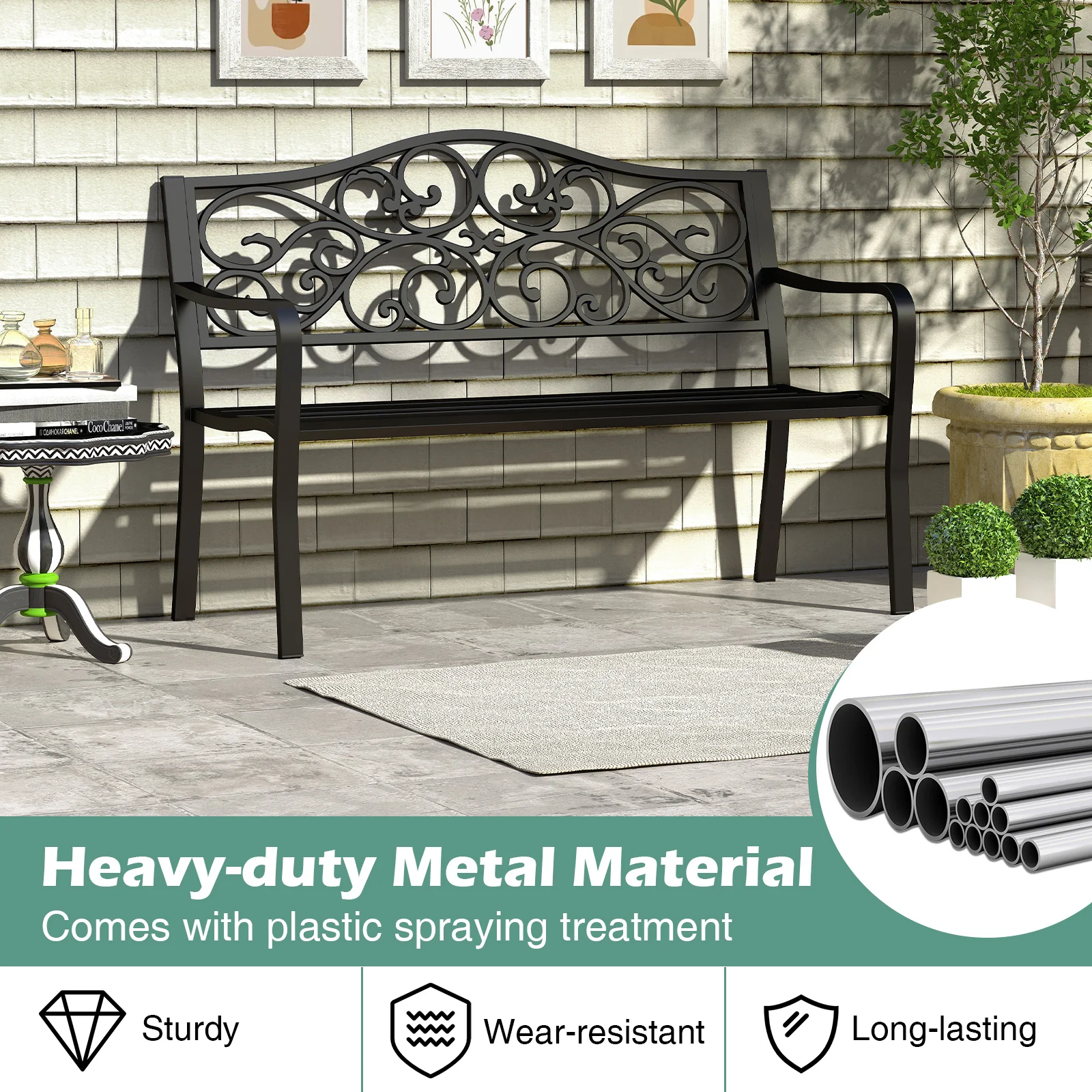 50 Inches Outdoor Cast Iron Metal Patio Bench, Floral Design Backrest, Black - Image 9