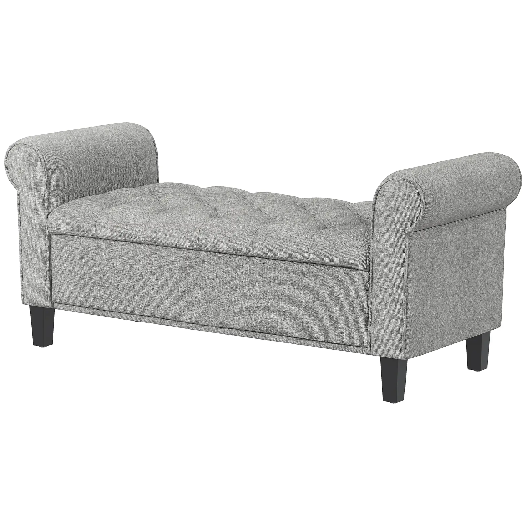 50 Inches Storage Ottoman, Light Grey, Upholstered Bench With Rolled Arms, Light Grey
