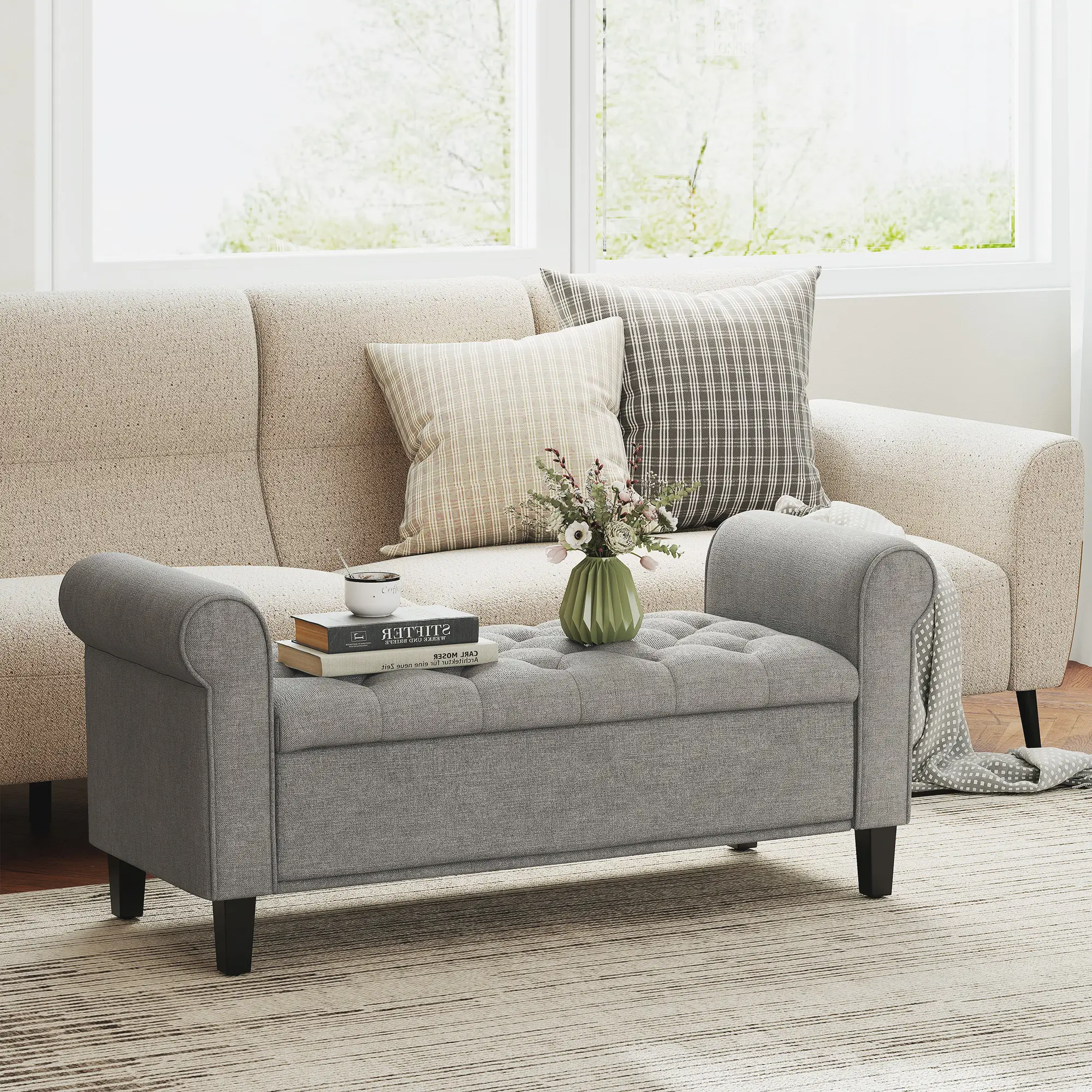 50 Inches Storage Ottoman, Light Grey, Upholstered Bench With Rolled Arms, Light Grey - Image 10
