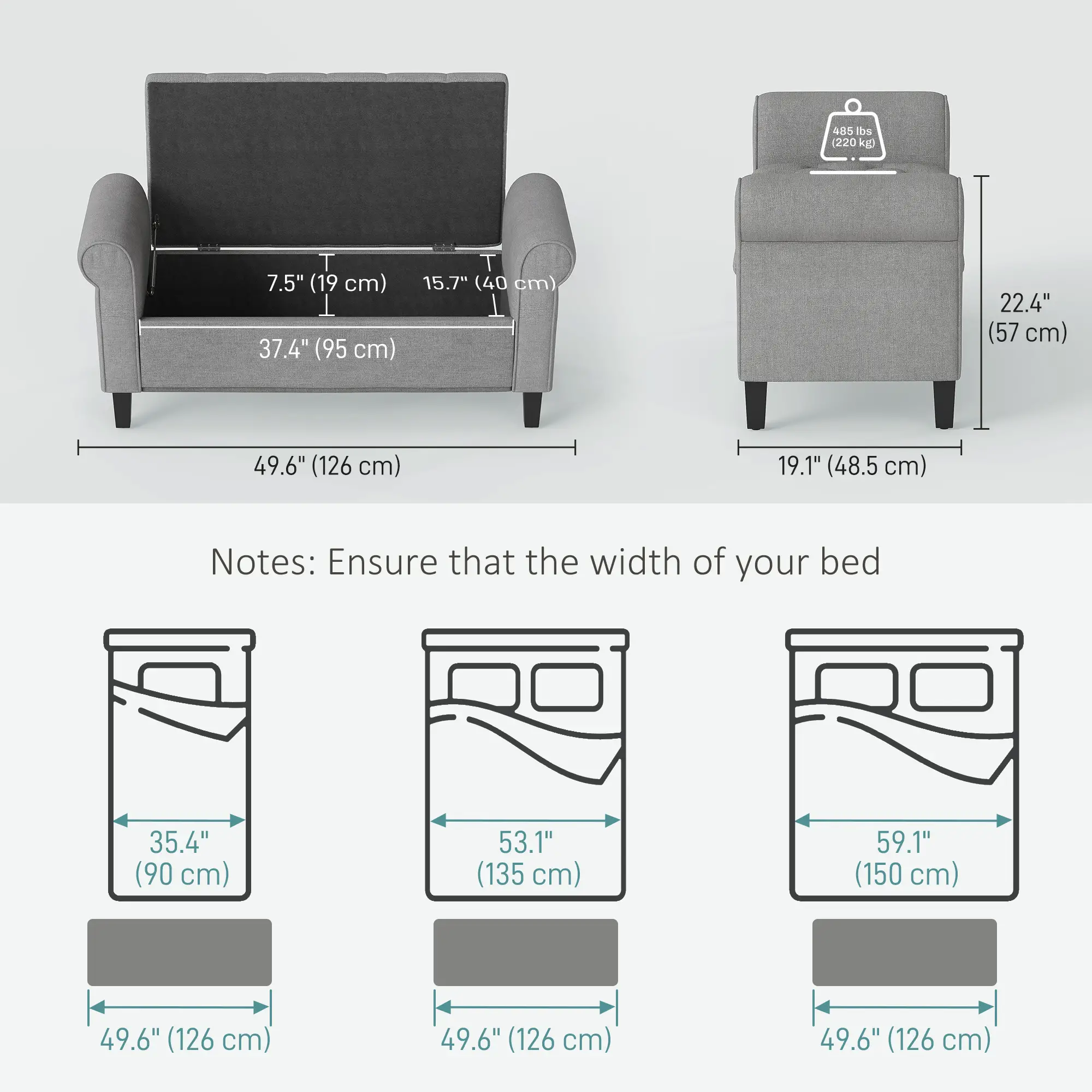 50 Inches Storage Ottoman, Light Grey, Upholstered Bench With Rolled Arms, Light Grey - Image 3