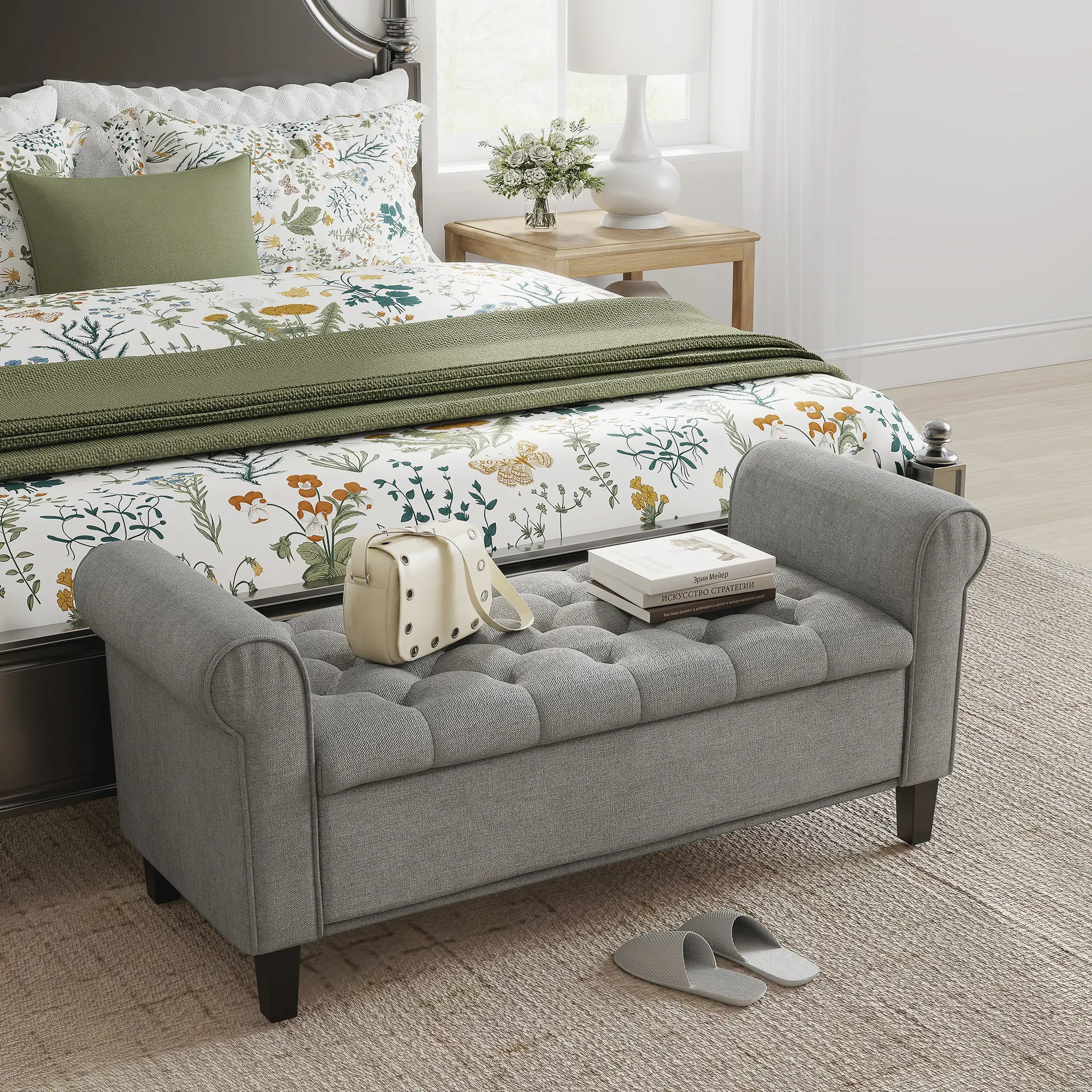 50 Inches Storage Ottoman, Light Grey, Upholstered Bench With Rolled Arms, Light Grey - Image 8